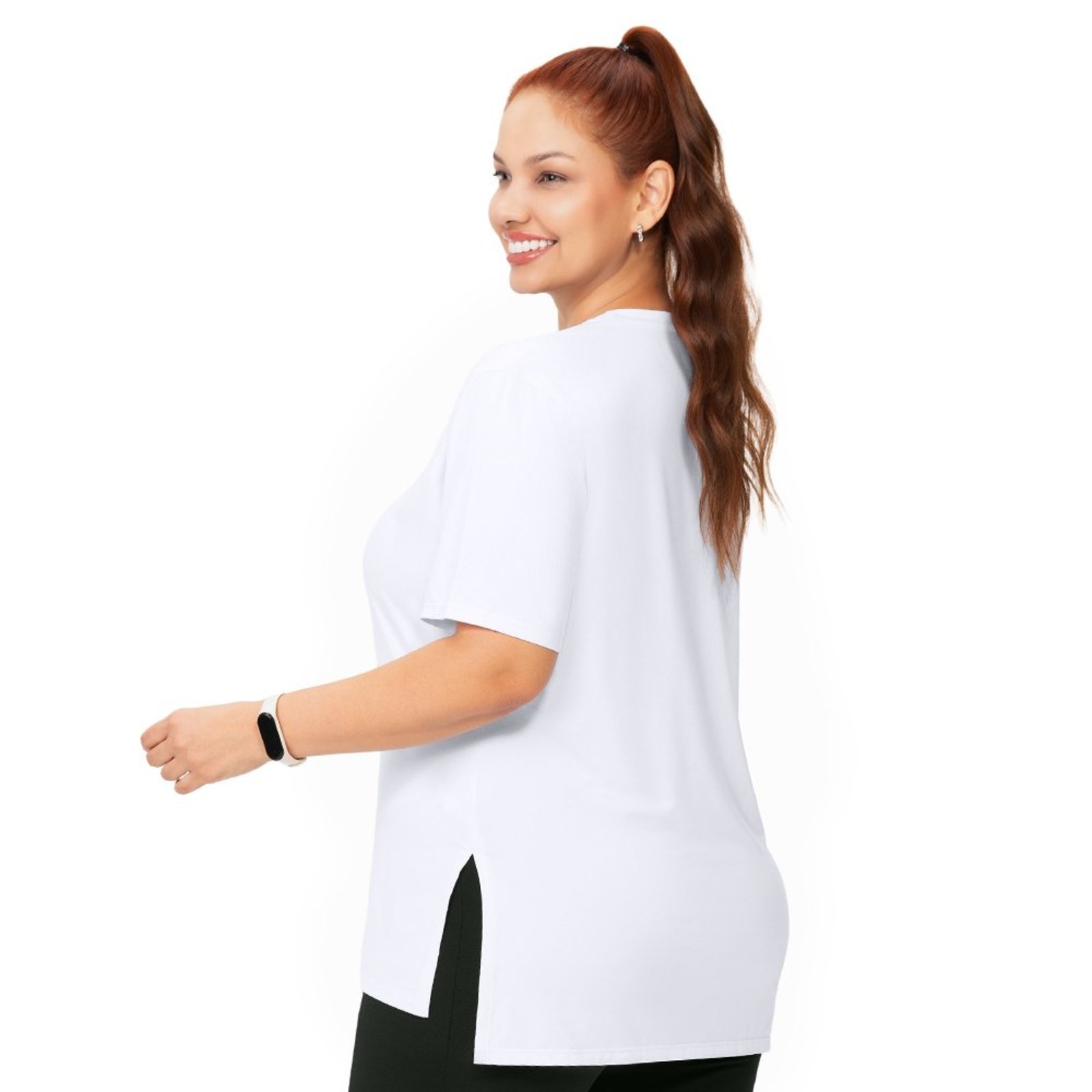 Camiseta Fitness Plus Size Feminina Alongada Abertura Lateral Branco