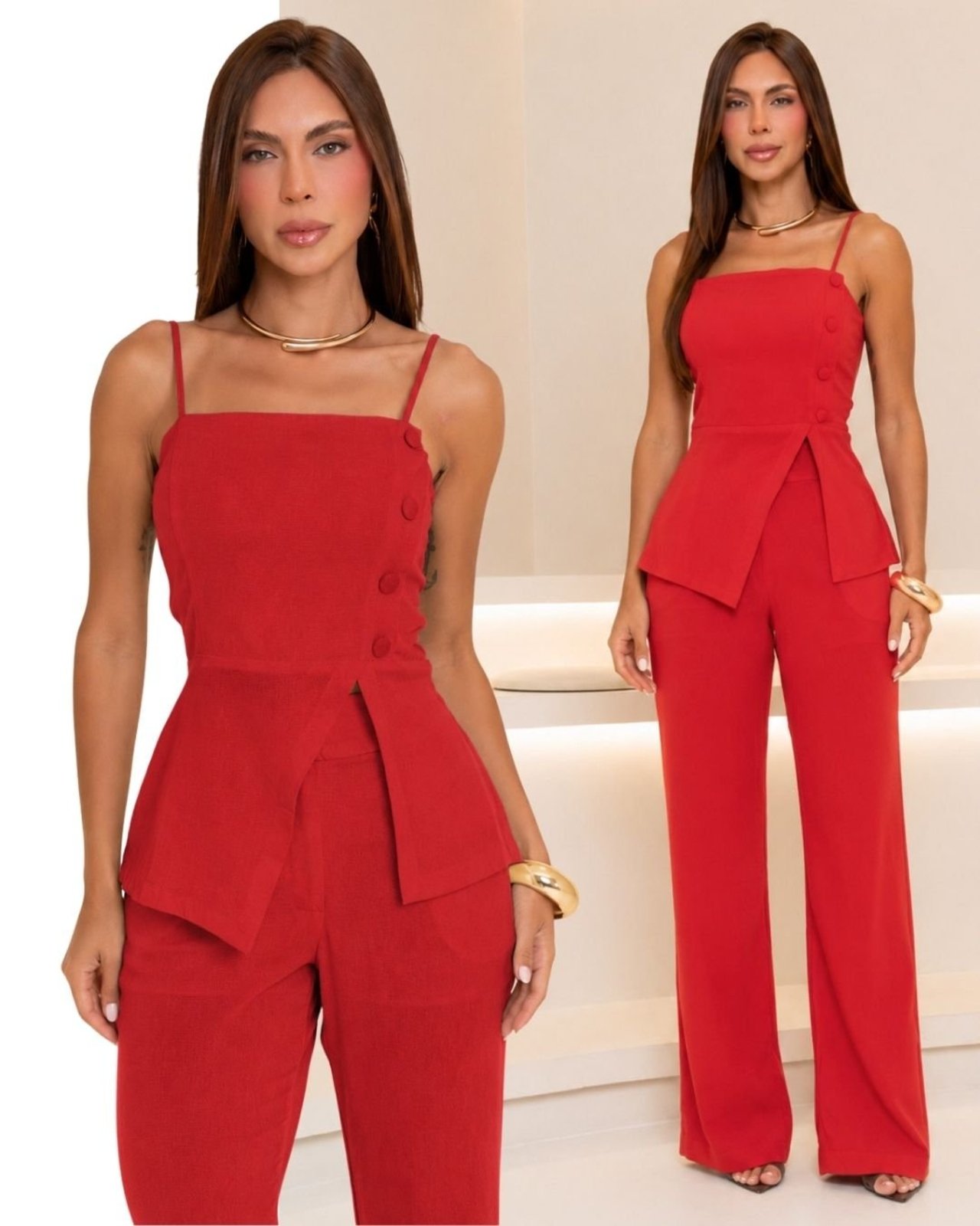 Conjunto Feminino Alfaiataria Marrant Blusa com Botões Laterais e calça - Vermelho