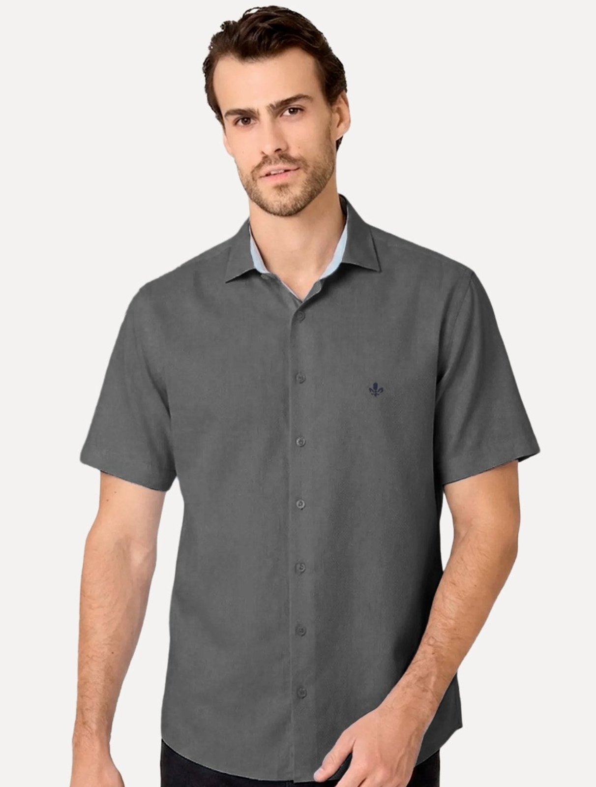 Camisa Dudalina Masculina Manga Curta Slim Superfine Cotton Tricoline Lisa Cinza Médio