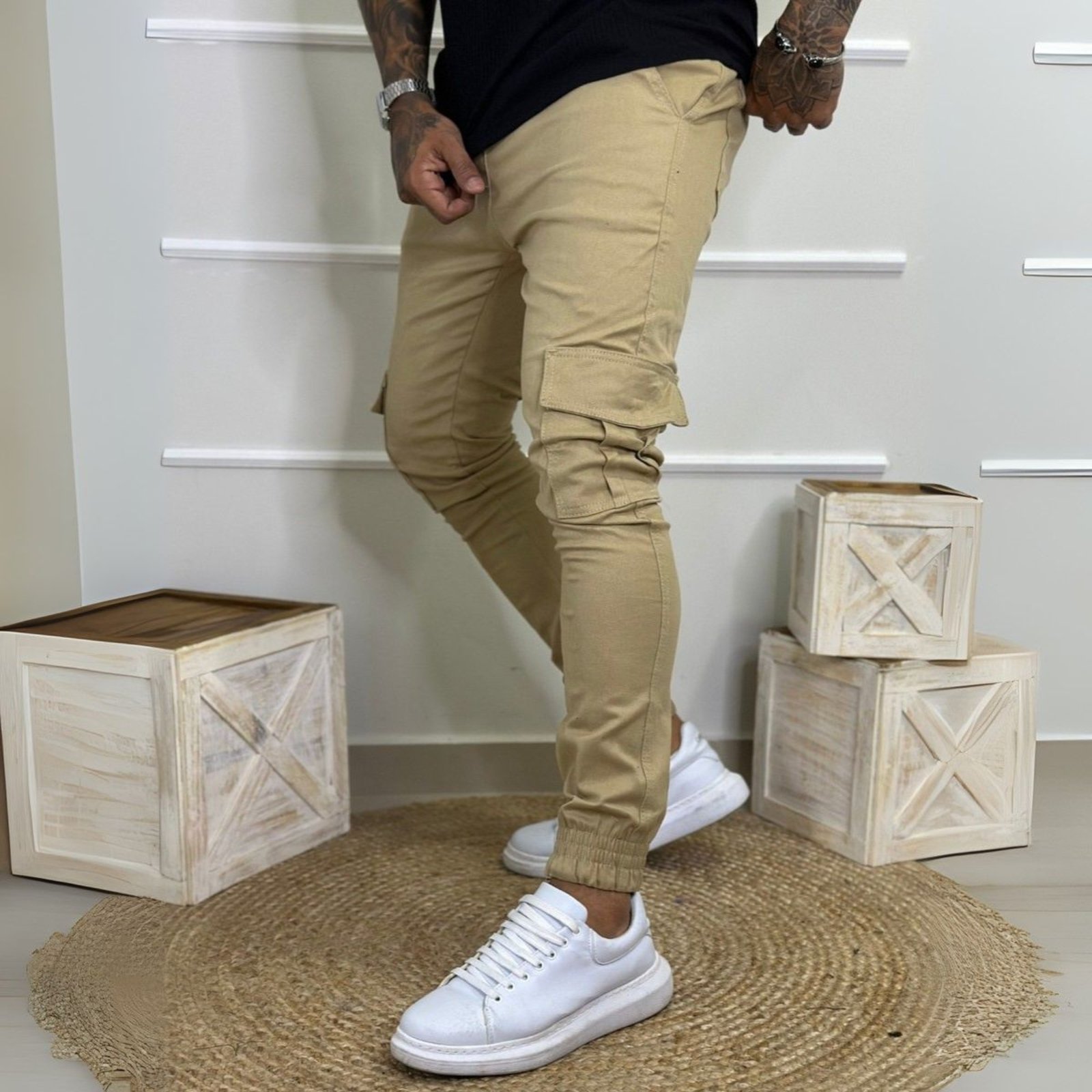 Calça Jogger Cargo Masculina Bege Linha Premium 100% Algodão