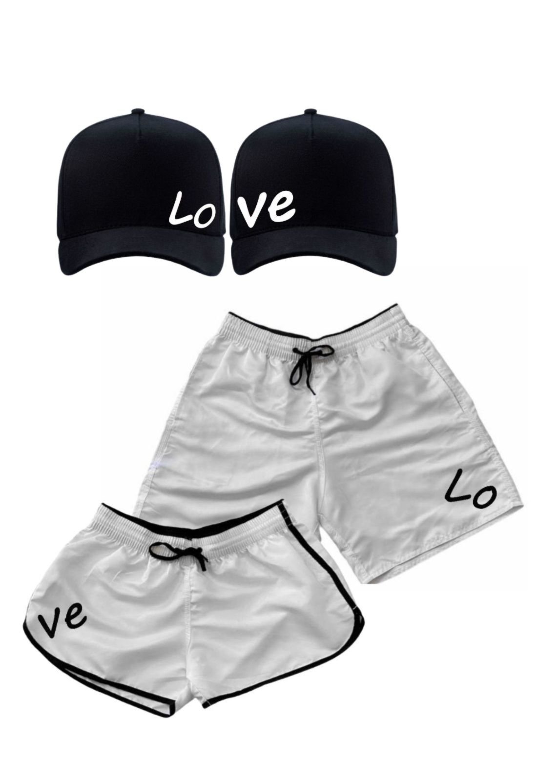 Vista 2 Kit Casal 4 Peças Love Relaxado 2 Short Moda Praia Tactel + 2 Boné Aba Curva Estampado branco/preto Relaxado branco/preto