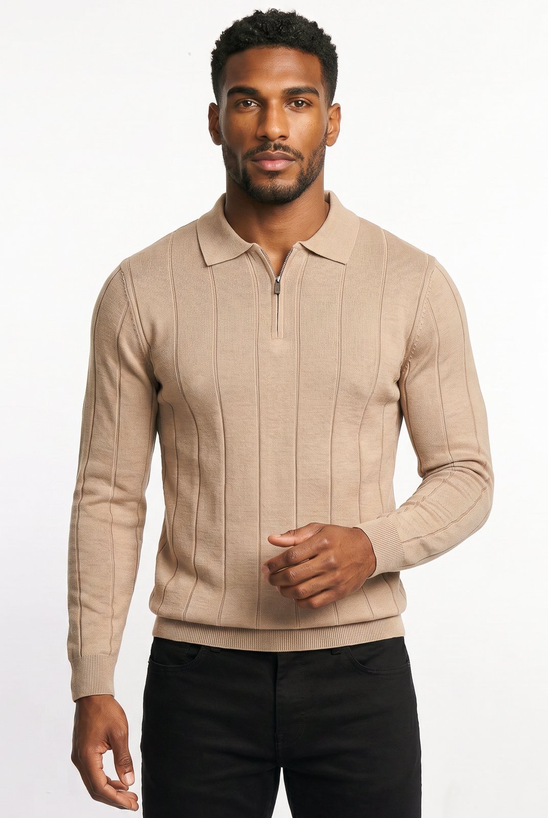 Blusa masculina manga longa gola polo com zíper 69627 - Bege
