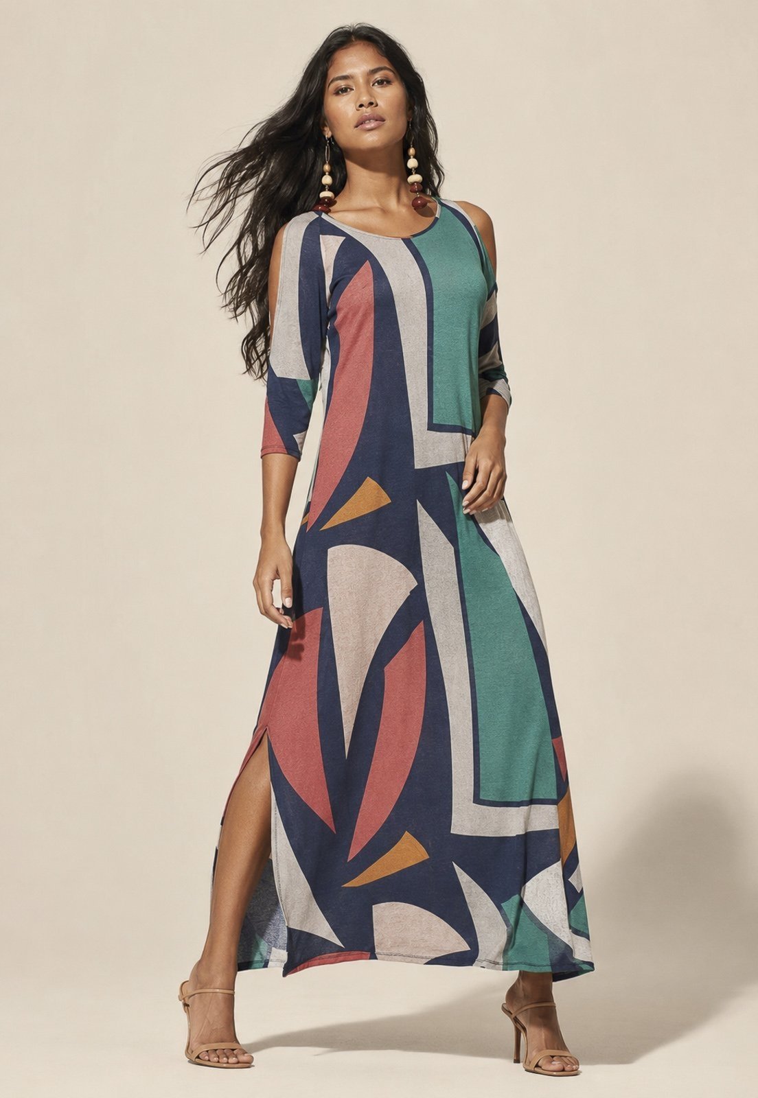 Vestido Amazonia Vital Boyrá Longo Malha Detalhe Manga Geometrias do Tempo