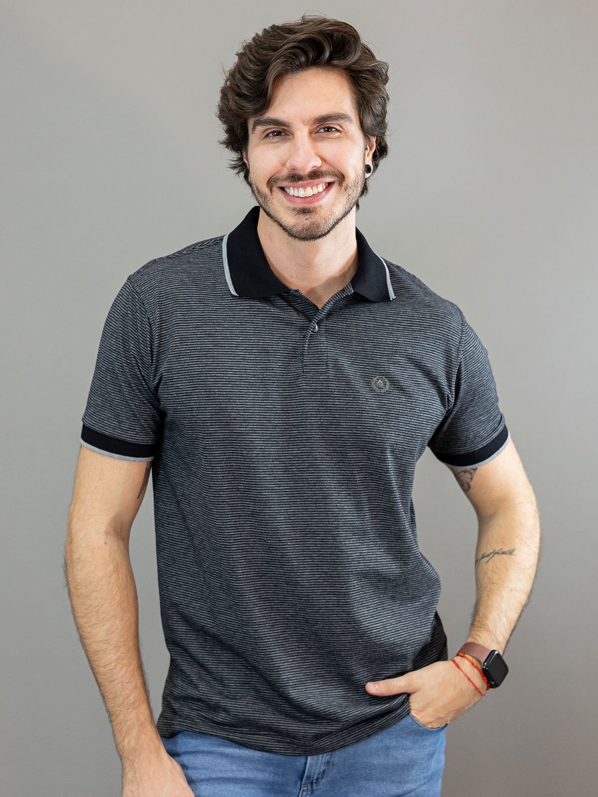 Camisa Polo Masculina Listrada Texturizada Manga Curta Anticorpus