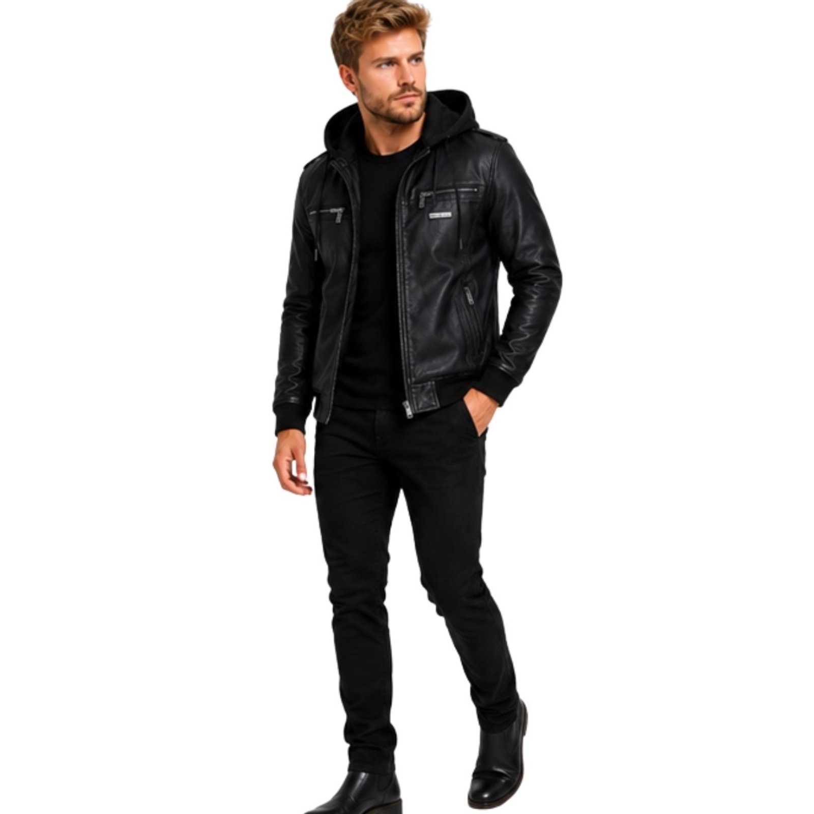 Jaqueta Masculina PU Com Capuz Removível Forrada Inverno Premium Preto