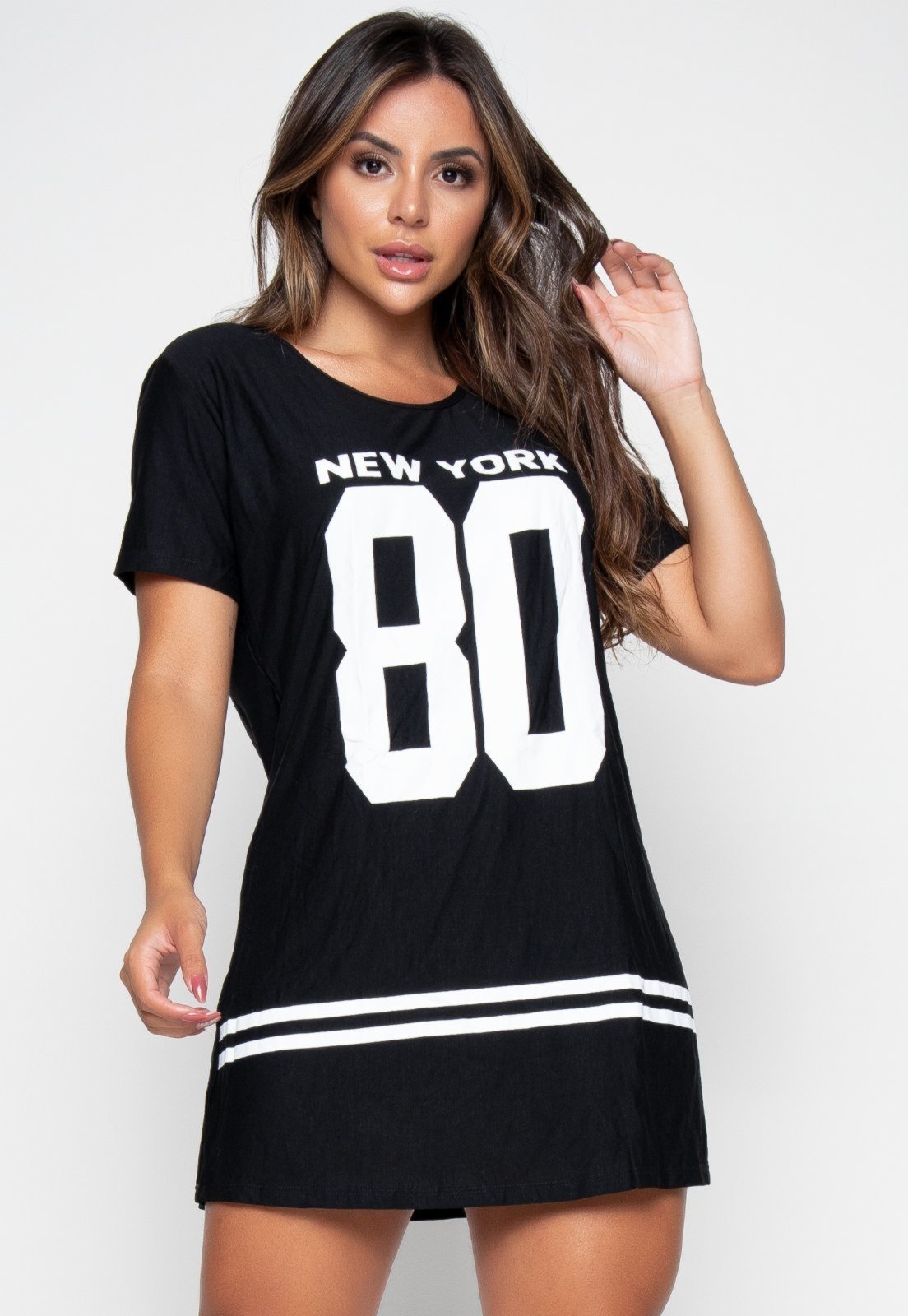 Camisa Bravaa Store Longline Vestido Camisão Feminino Ny Kings Swag 099 Preto