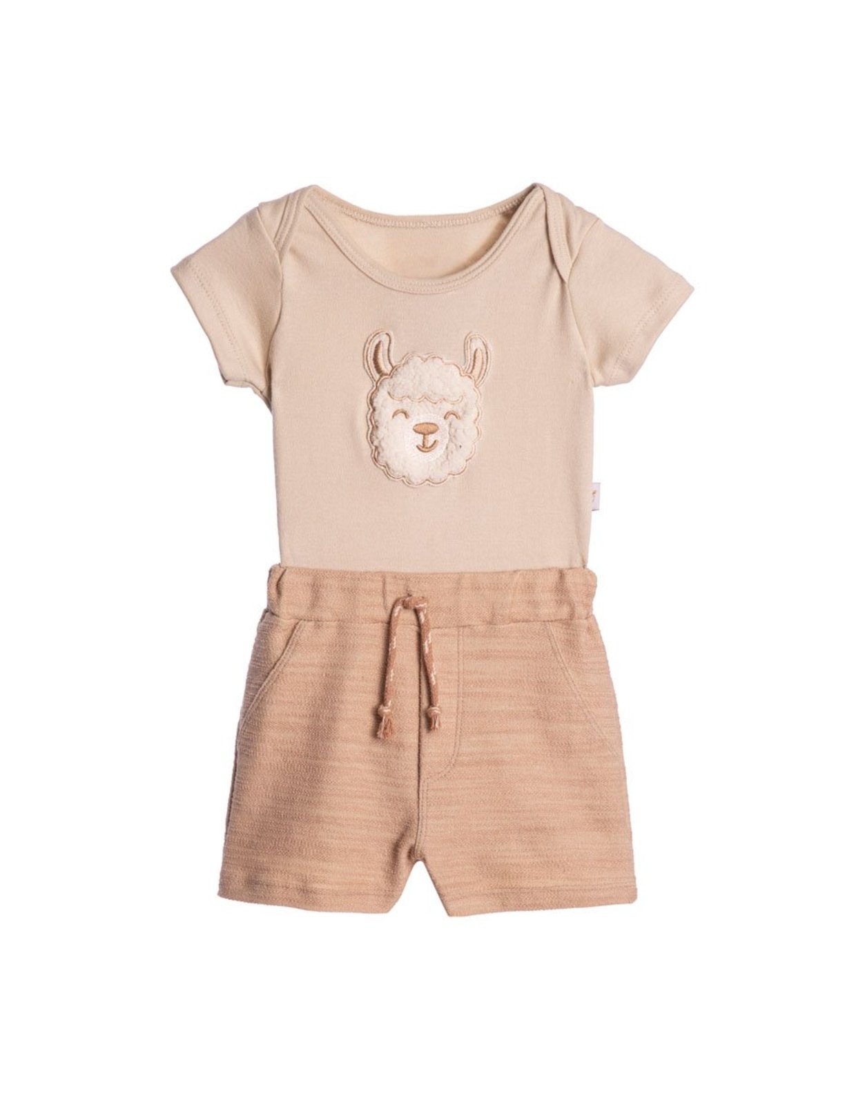 Infantil - Conjunto body suedine lhama e bermuda malha texturizada listras verde