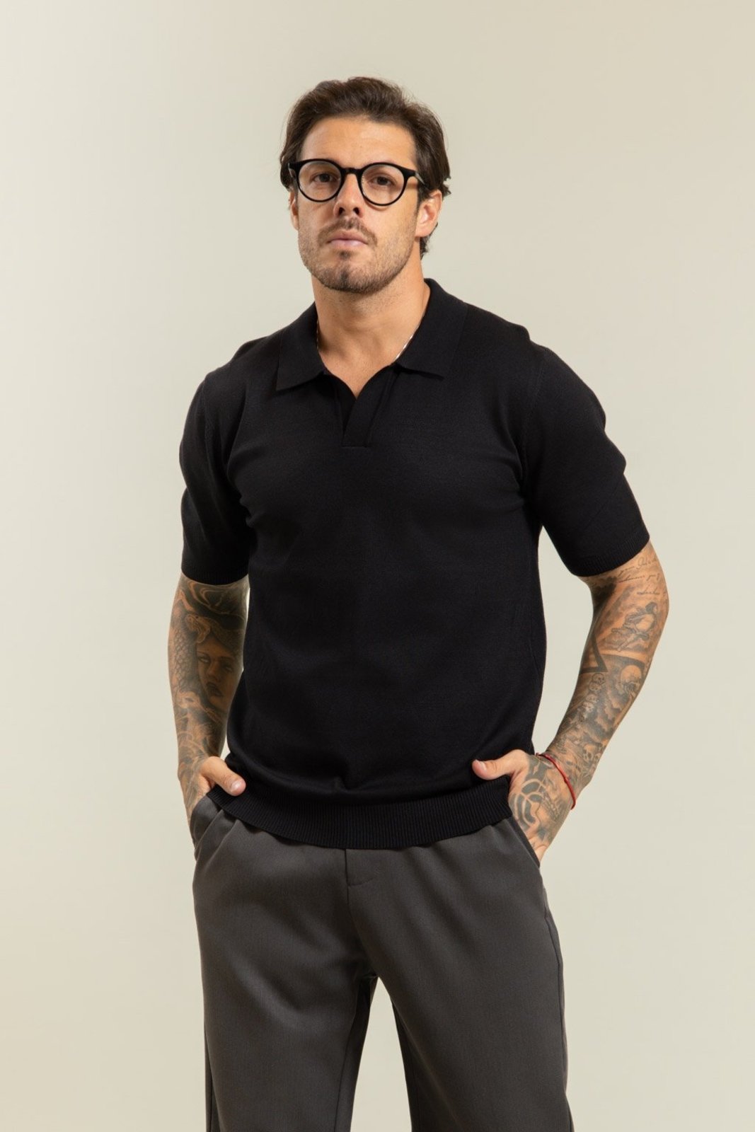 Camisa Polo Tricot Casual Lisa em Viscose Preto Dialogo