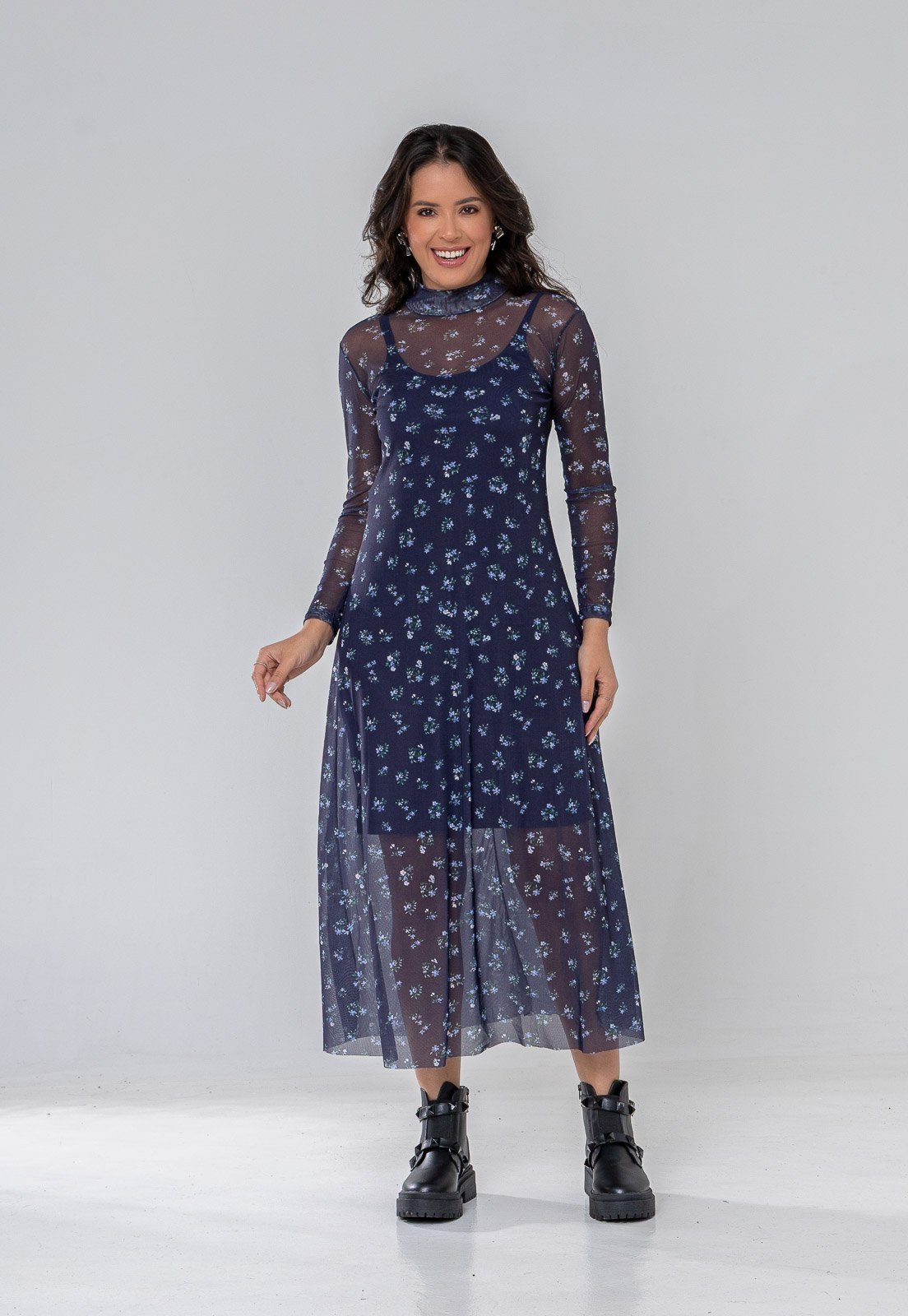 Vestido Aura Florence Tule Slim Floral Marinho