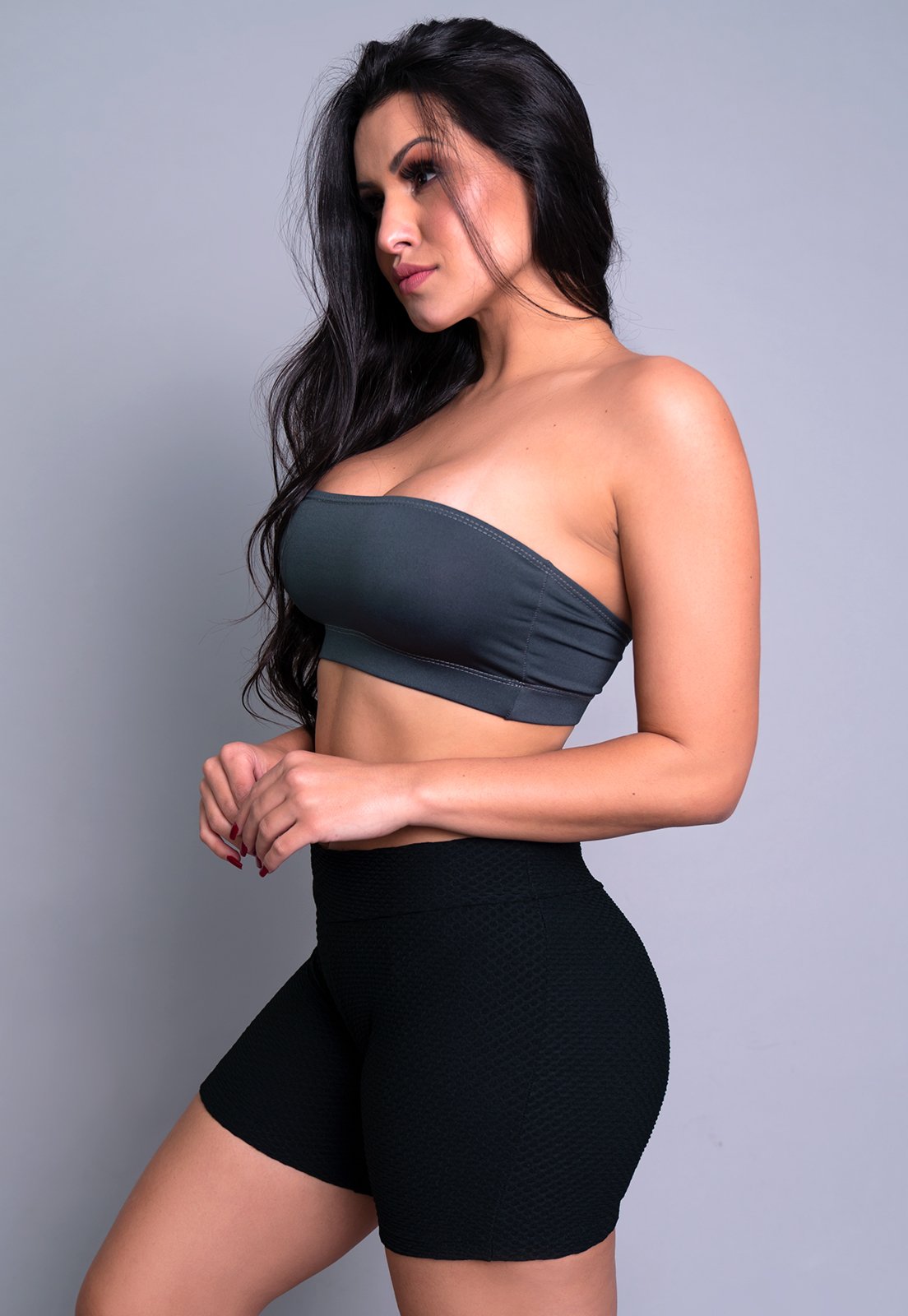 Short MVB Modas Curto Textura Tecido Bolha Fitness Preto