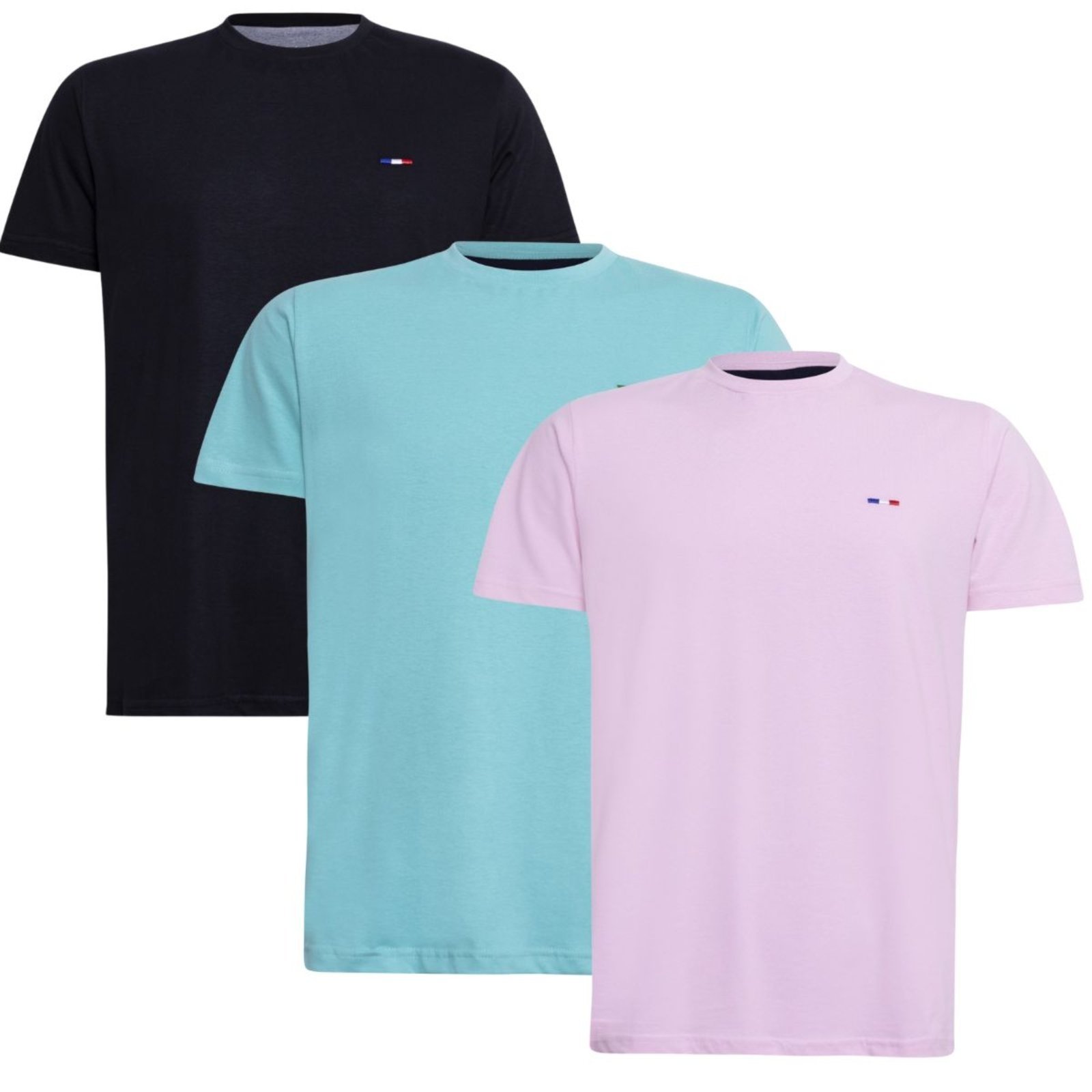 Kit 3 Peças Camisetas Básicas Masculina FMF Preto Azul Rosa em Algodão Premium no Estilo Tommy Bordado França
