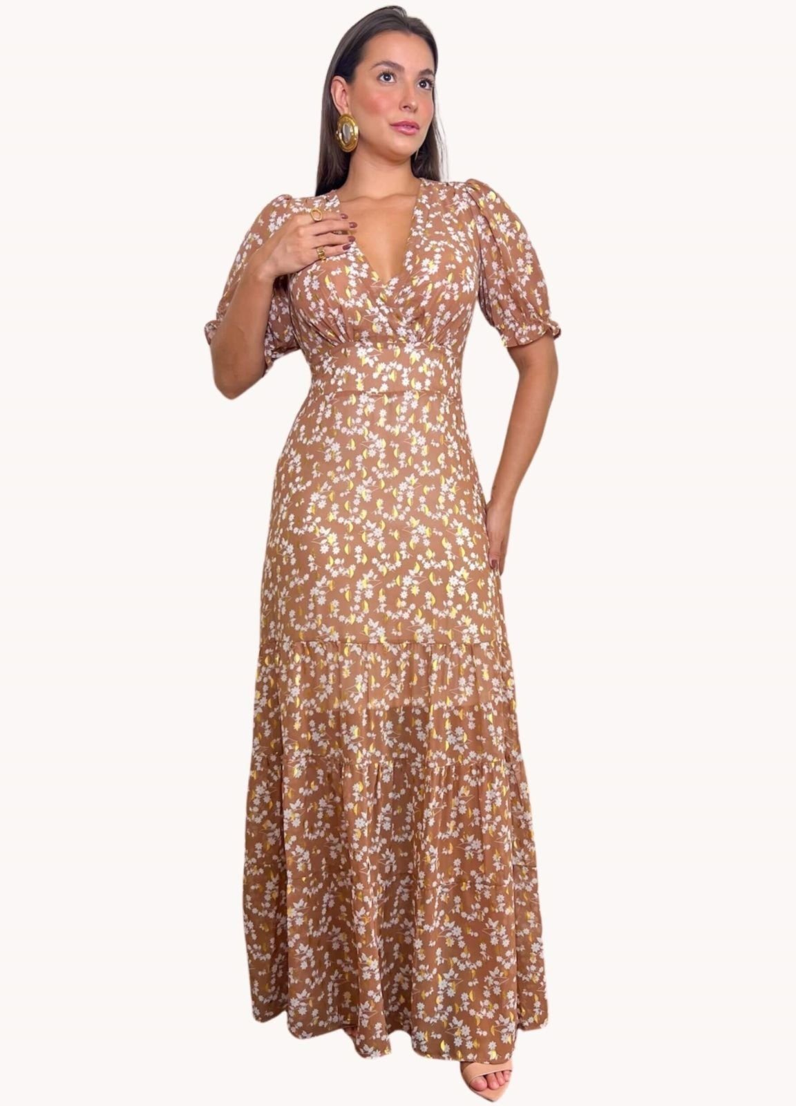 VESTIDO FEMININO LONGO FLORAL Marrom