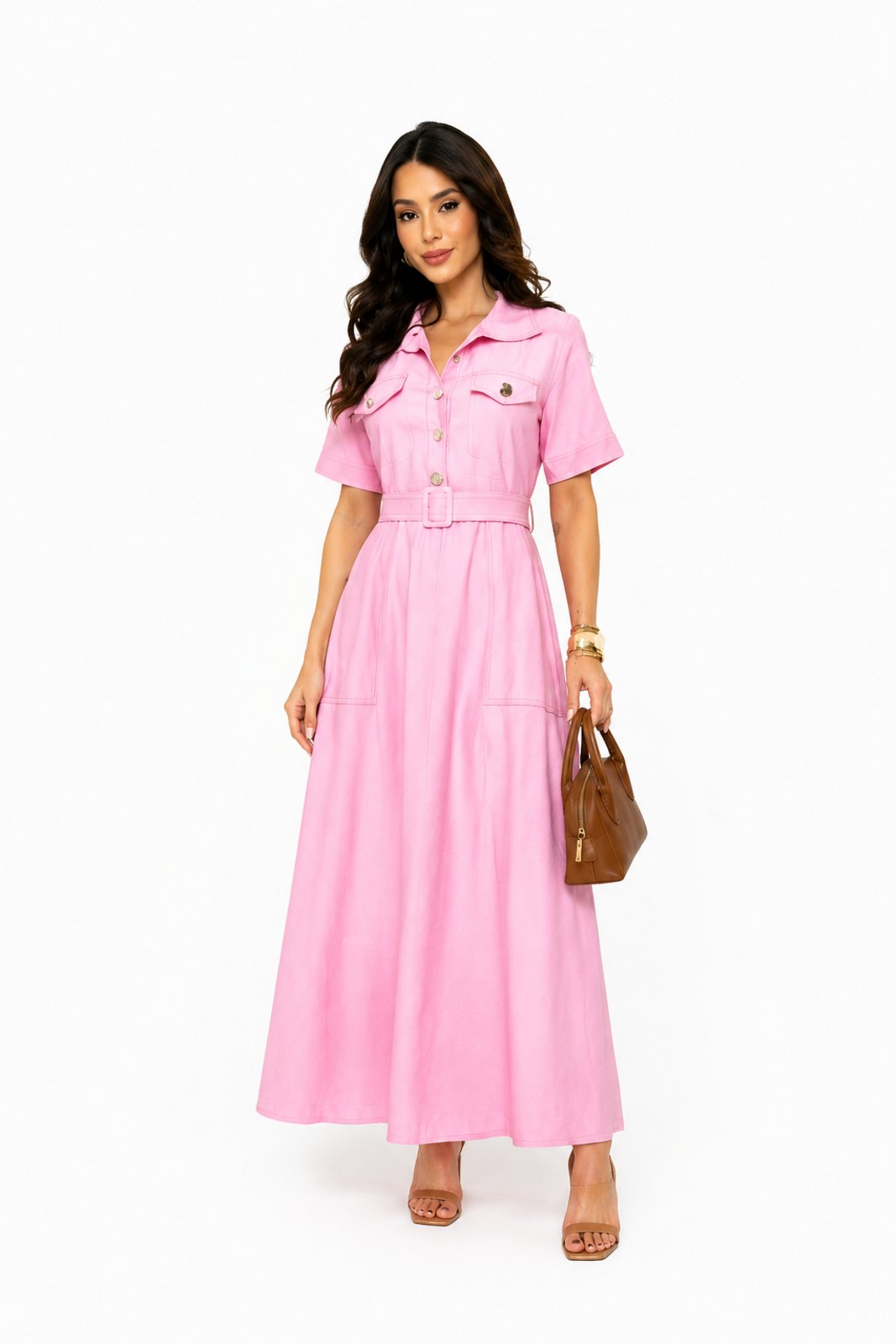 Vestido D Bell Outlet Fashion Longo Gola Rosa