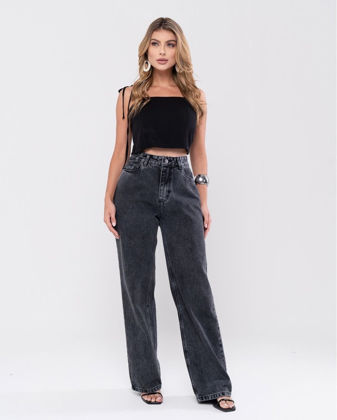 Calça Jeans Wide Leg Feminina Cintura Alta Básica Algodão 29000 Vintage Consciência