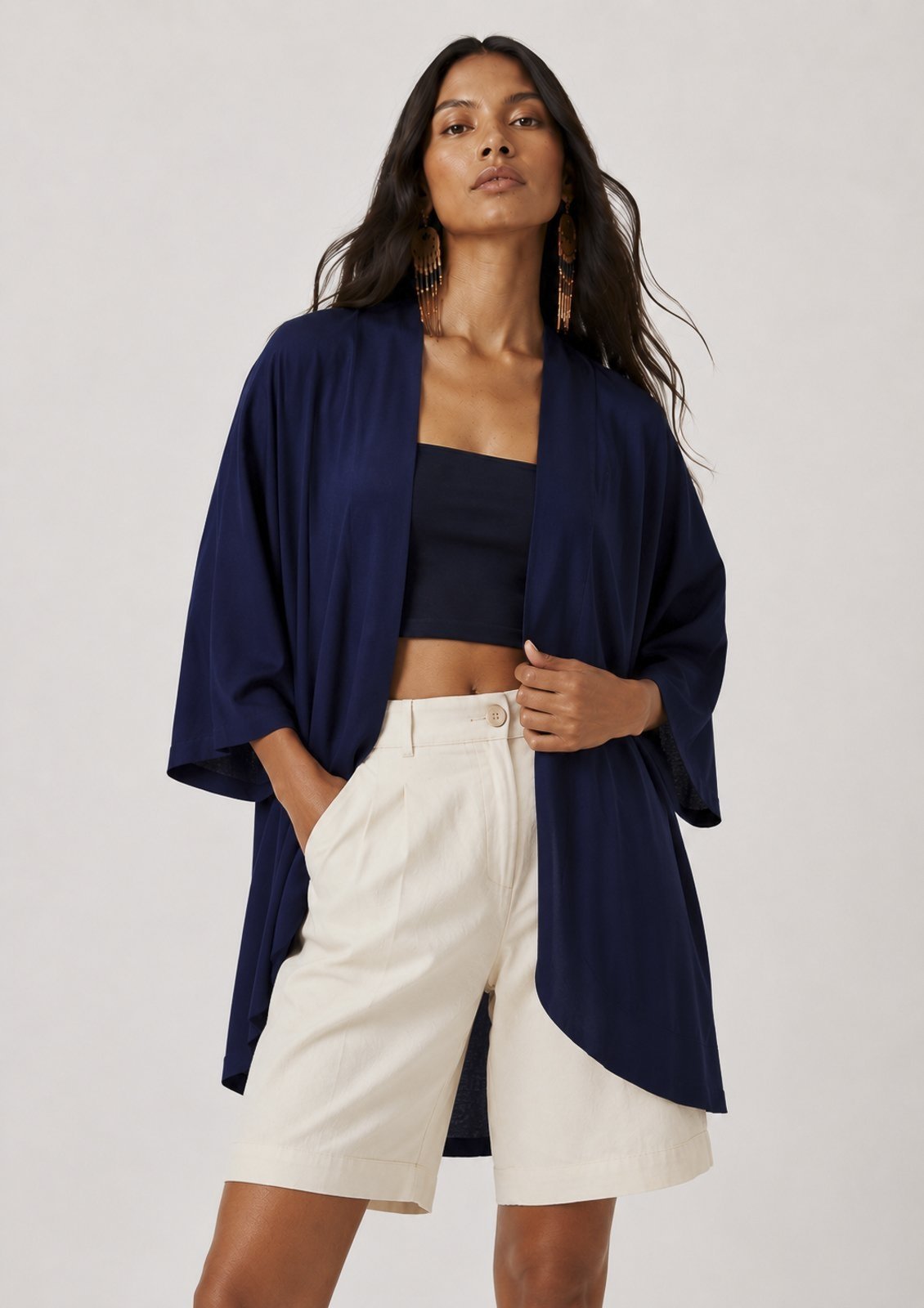 Kimono CabanaFree de Viscose Manga Ampla Azul Marinho