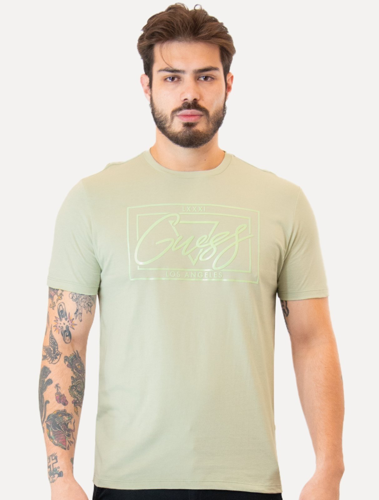 Camiseta Guess Masculina Los Angeles Cursive Relevo Verde Escuro
