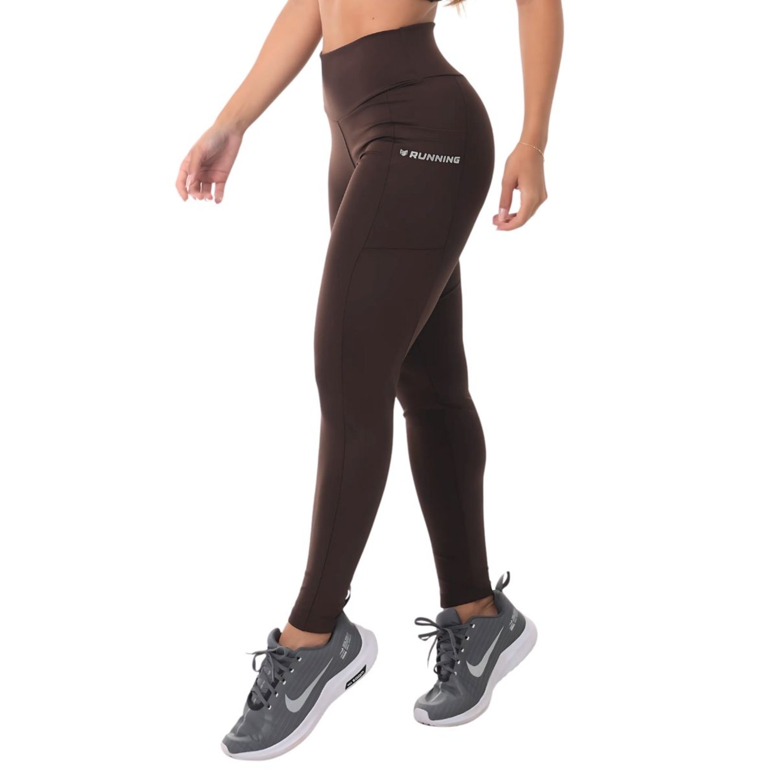 Calça Legging Poliamida Sallada Mista Bolsinho Marrom Running