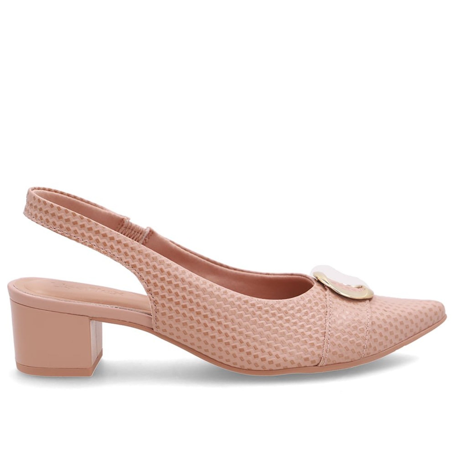 Slingback Couro Bege Salto Bloco Com Textura Tressê