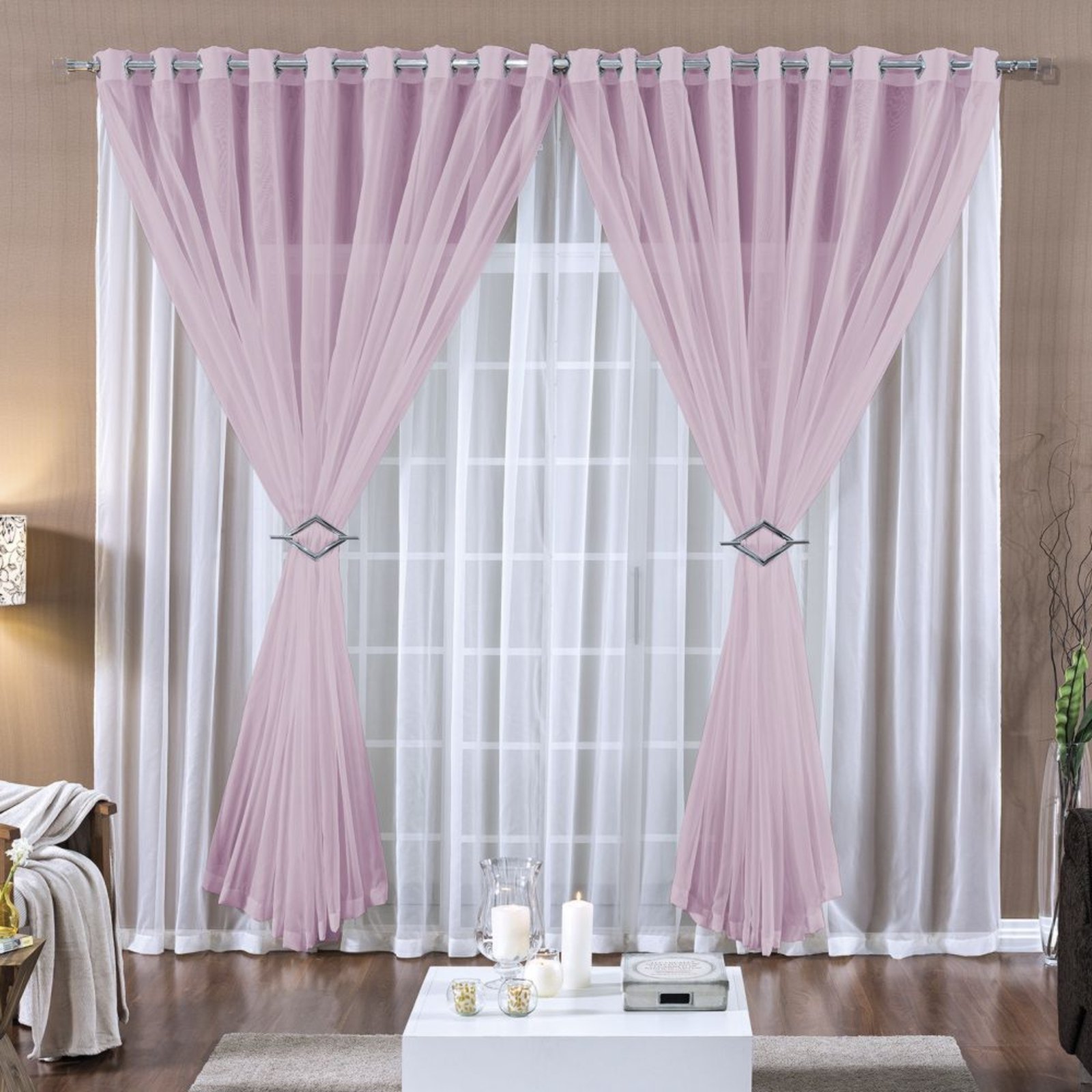 Cortina 3 Mts Voal Sala Quarto para Varão Barata Rosa - 100% Poliéster