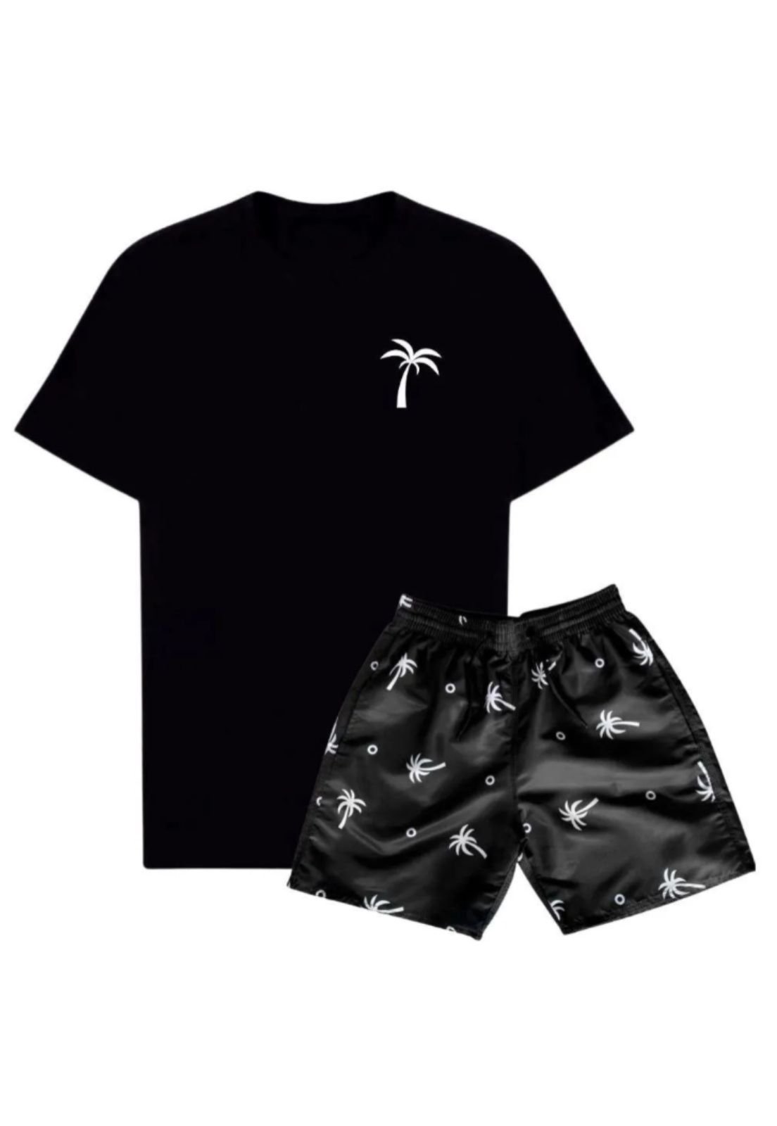 Kit Conjunto Preto Relaxado Short Bermuda Estampada Tactel e Camiseta Básica Coqueiro