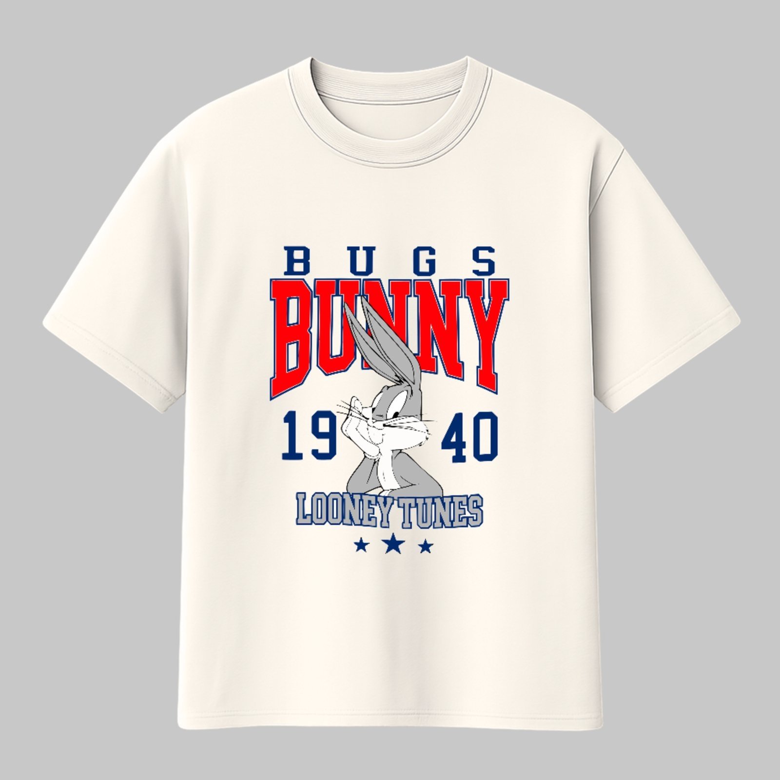 Camiseta Básica Estilo Universitário Clássico Bugs Bunny Looney Tunes 1940 Unissex Off White