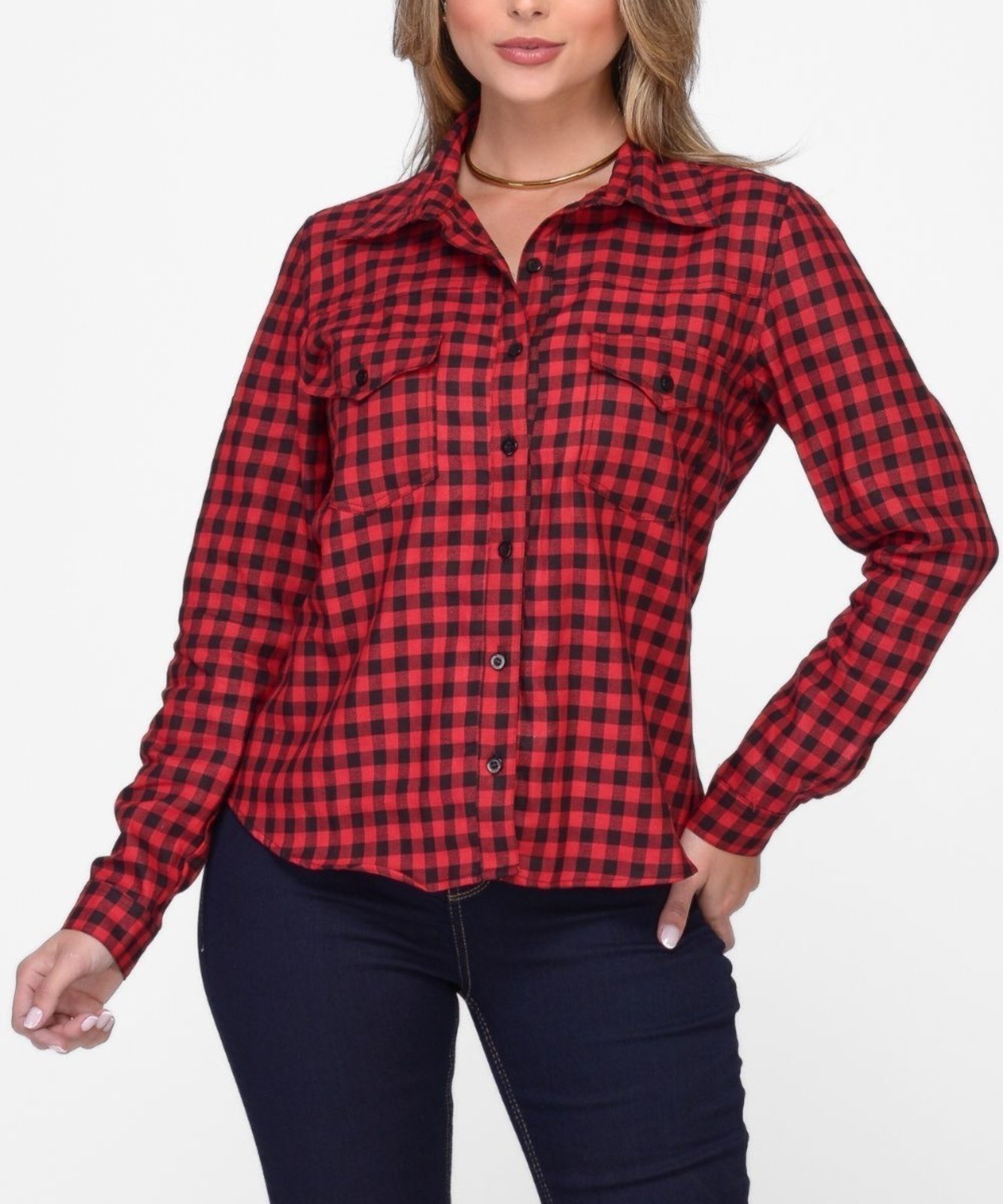 Camisa Feminina Sarja Xadrez Vermelho Razon Jeans