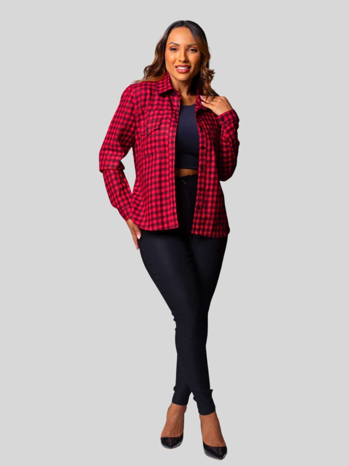Vista 3 Camisa Feminina Sarja Xadrez Razon Jeans vermelho Razon Jeans vermelho