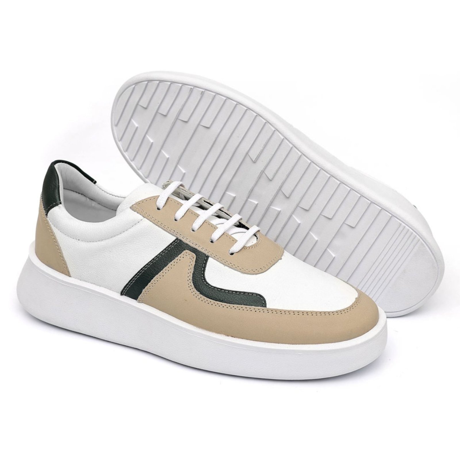 Tênis Casual Couro Sneaker Masculino Mr Light em Couro Legítimo Fly Branco/ confort Off White/ Fly Verde.