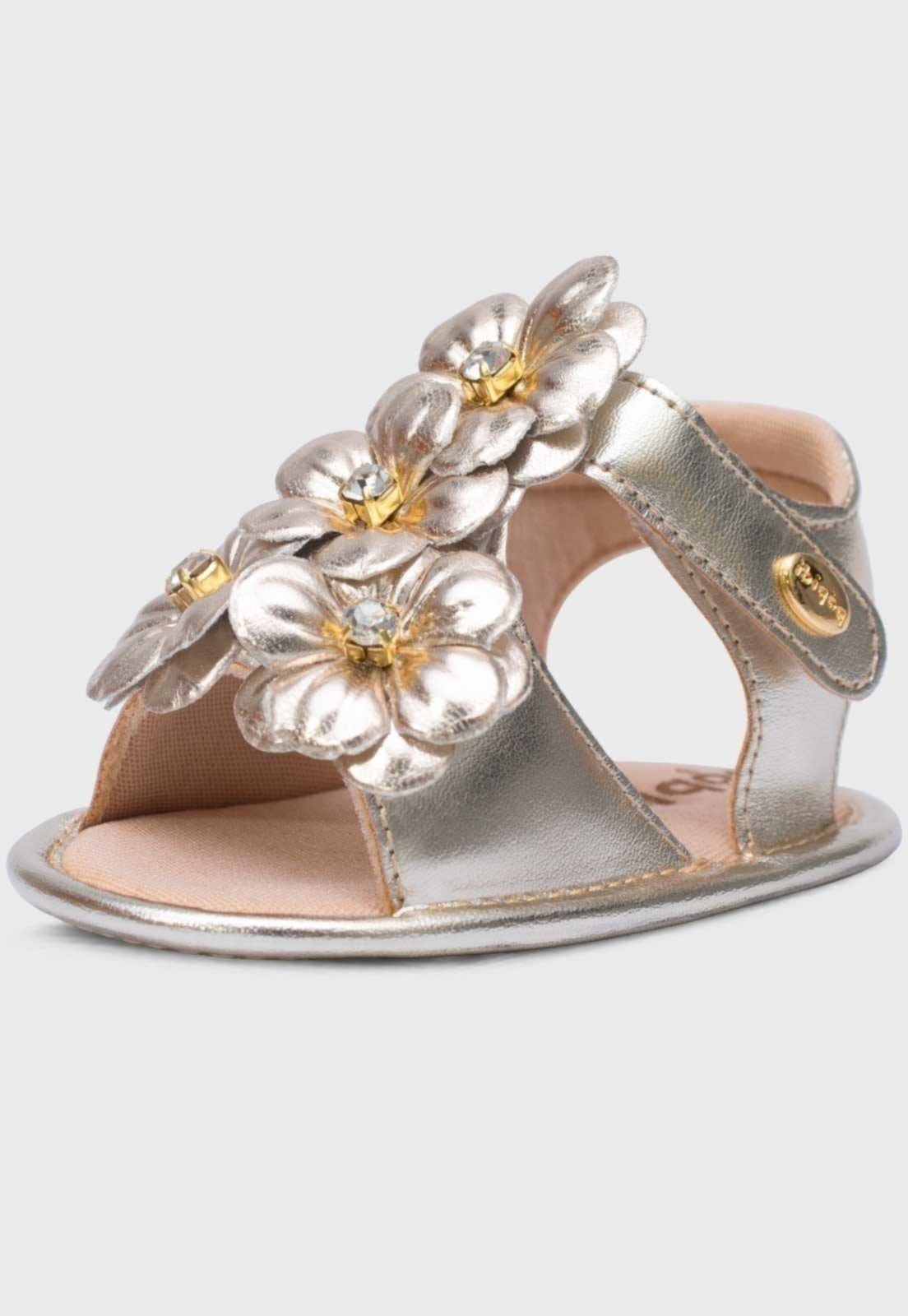 Infantil - Sandalia Popidi Menina Recem-Nascido Flores Dourado