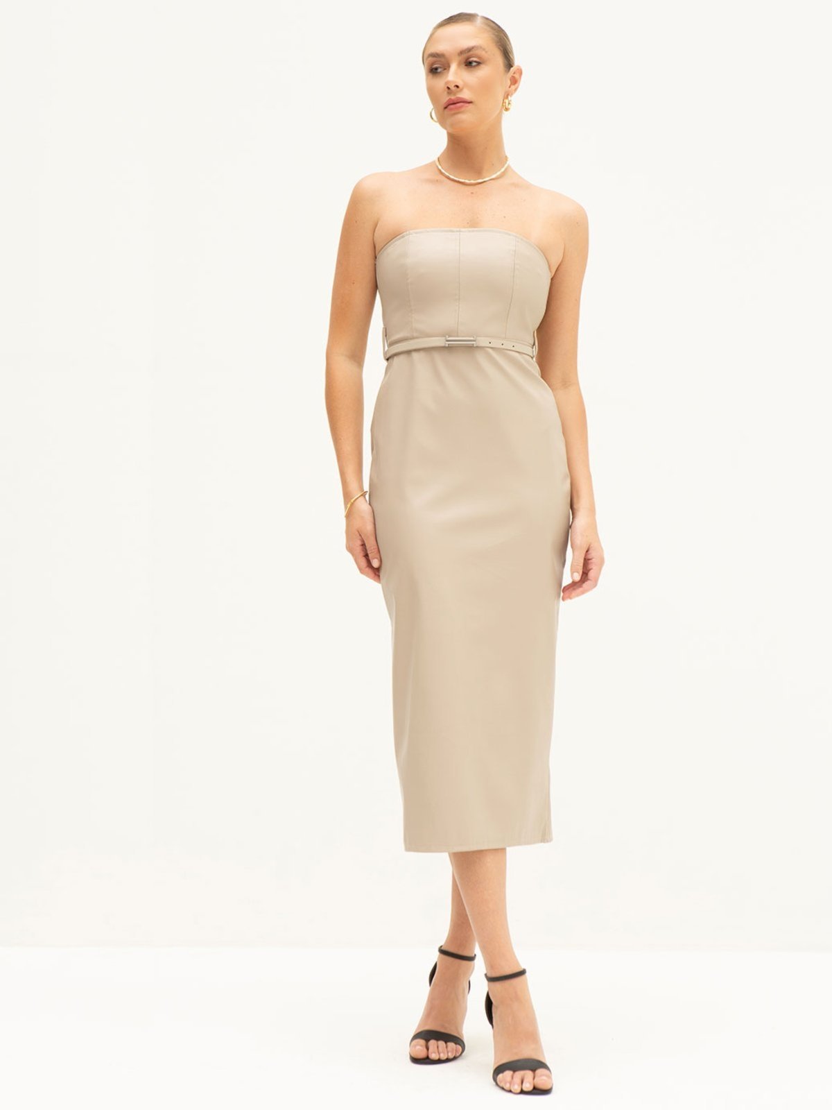Vestido Tubinho de PU Tomara que Caia Maxi Longuete Bege Yolanda