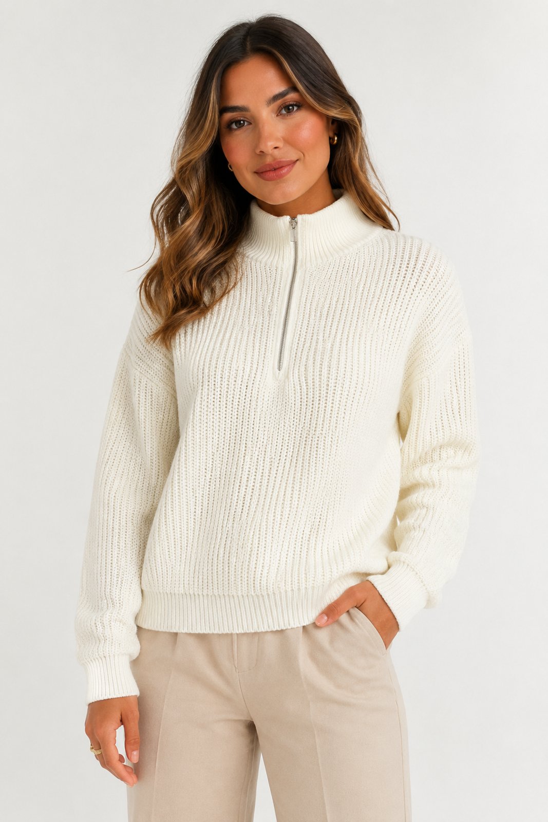 Blusa Tricôt D Bell Outlet Fashion Gola Alta Zíper Off White