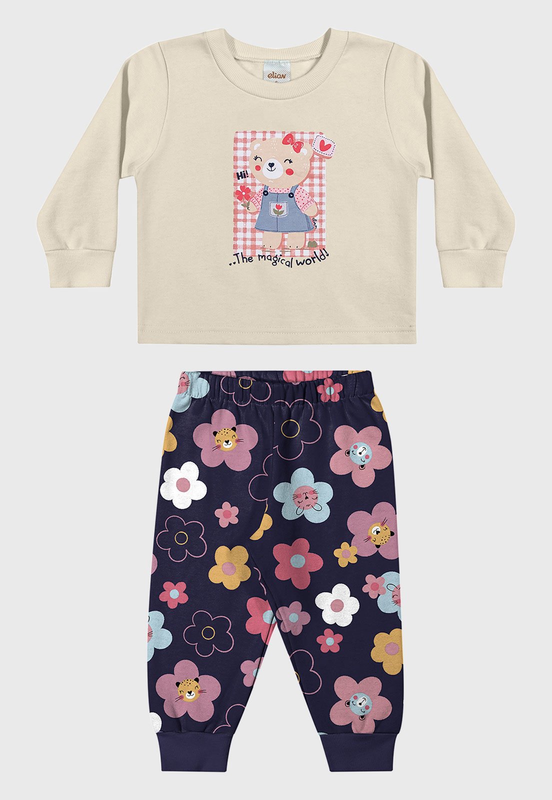 Conjunto Elian Blusa Estampa Ursinho e Calça Estampa Floral Azul Marinho