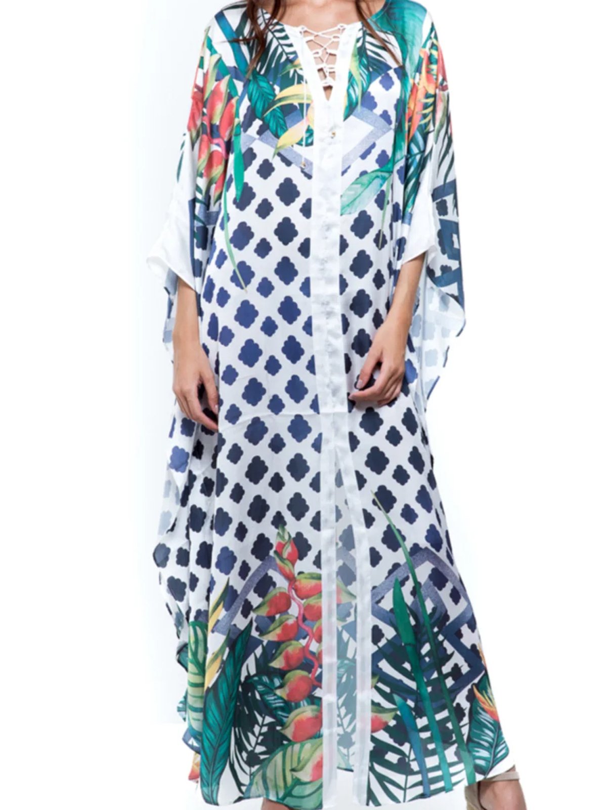 Vestido Kaftan Longo 101 Resort Wear Crepe Estampado EXCLUSIVO Barrado Flor Grafismo Azul Branco