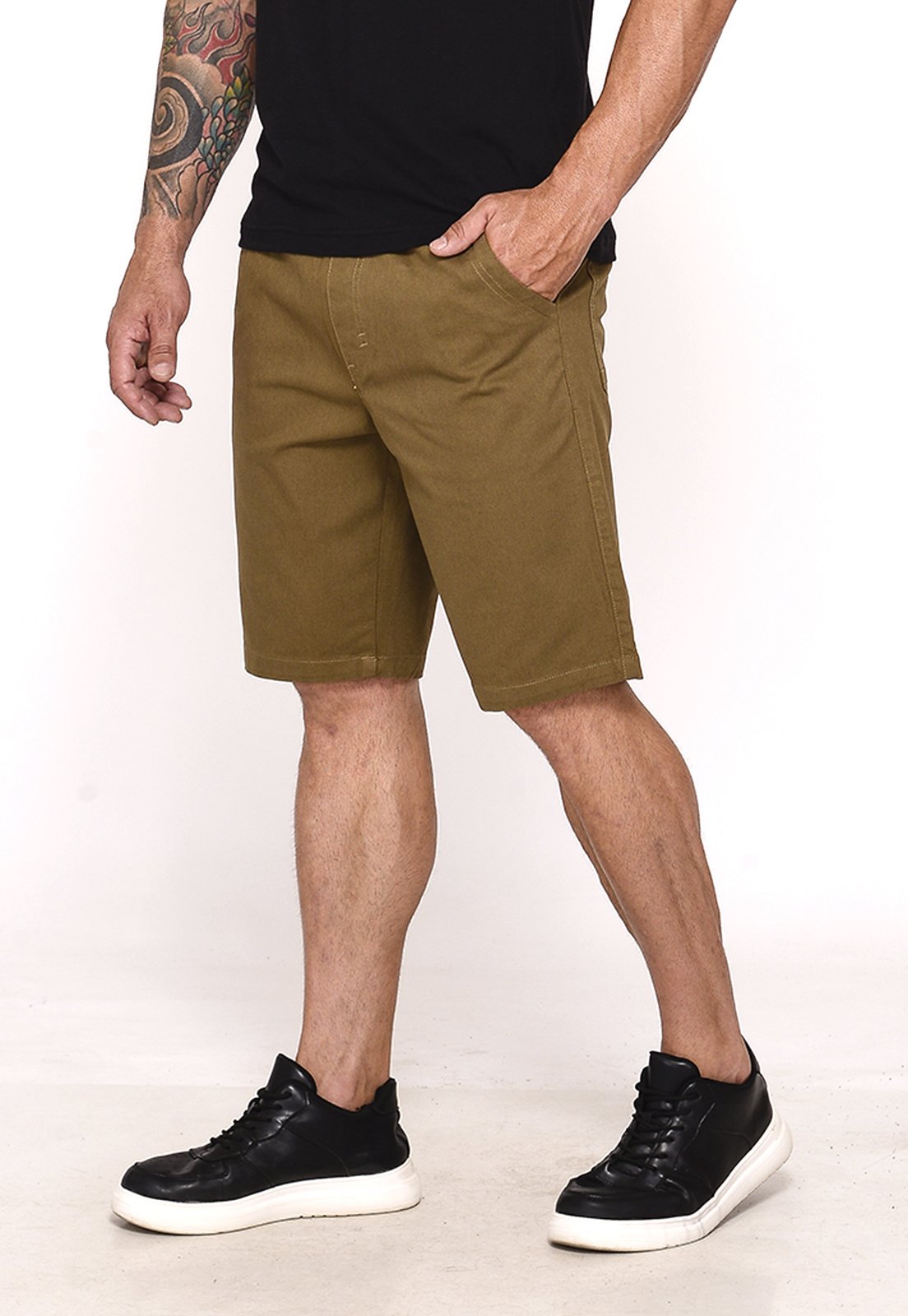 Bermuda Masculina Sarja Cós Elástico Casual Confortável Estilo Urbano Marrom
