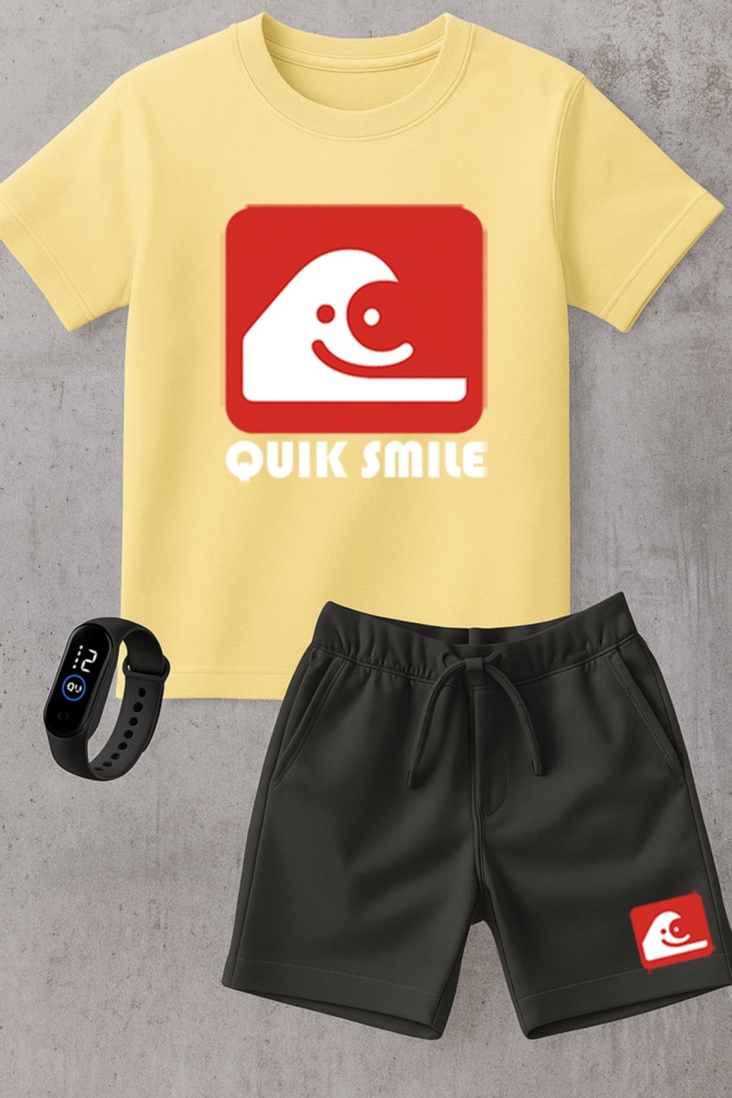 Infantil - Kit Camiseta Marca menino Urbania Algodão bege Short Bermuda preta menina Conjunto black promoção oferta + brinde relogio estampa quik smile estilo silver