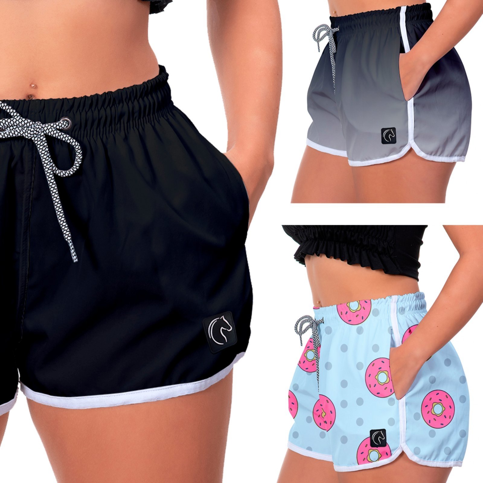 Kit 3 Shorts Feminino Premium Secagem Rápida com Elástico Cordão Ajustável e Bolsos Moda Praia Casual ou Treino Academia Preto, Degradê Preto e Rosquinhas