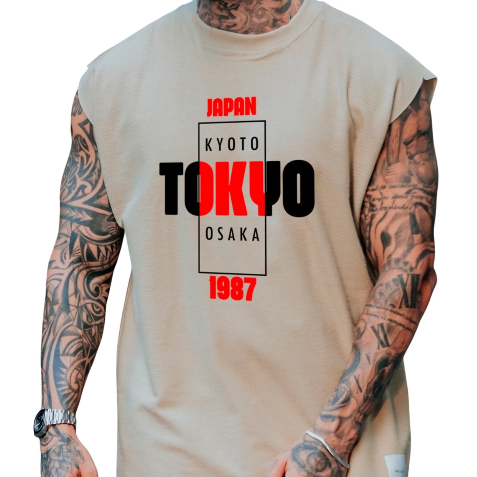 Camiseta Regata Machão Ousy Tokyo 1987 Oversized Masculina Off White