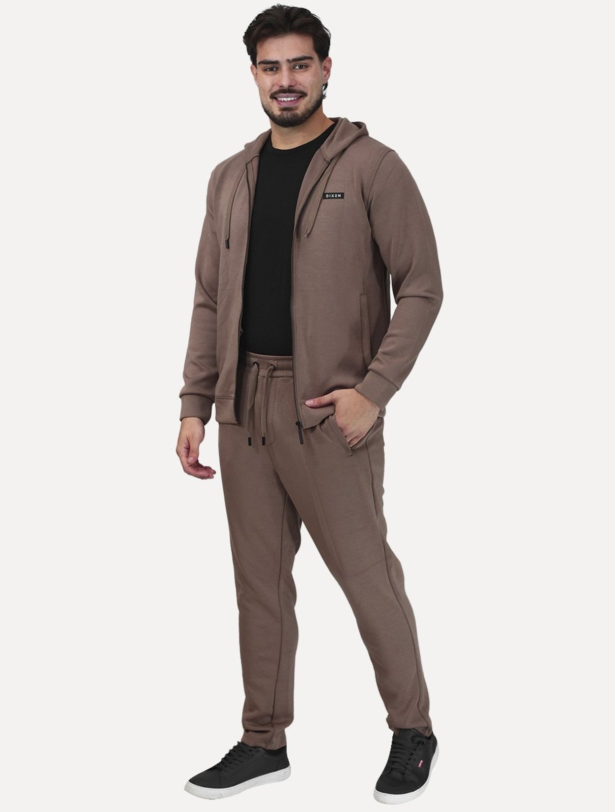Conjunto Dixen Agasalho Moletom Jaqueta com Zíper Capuz Marrom