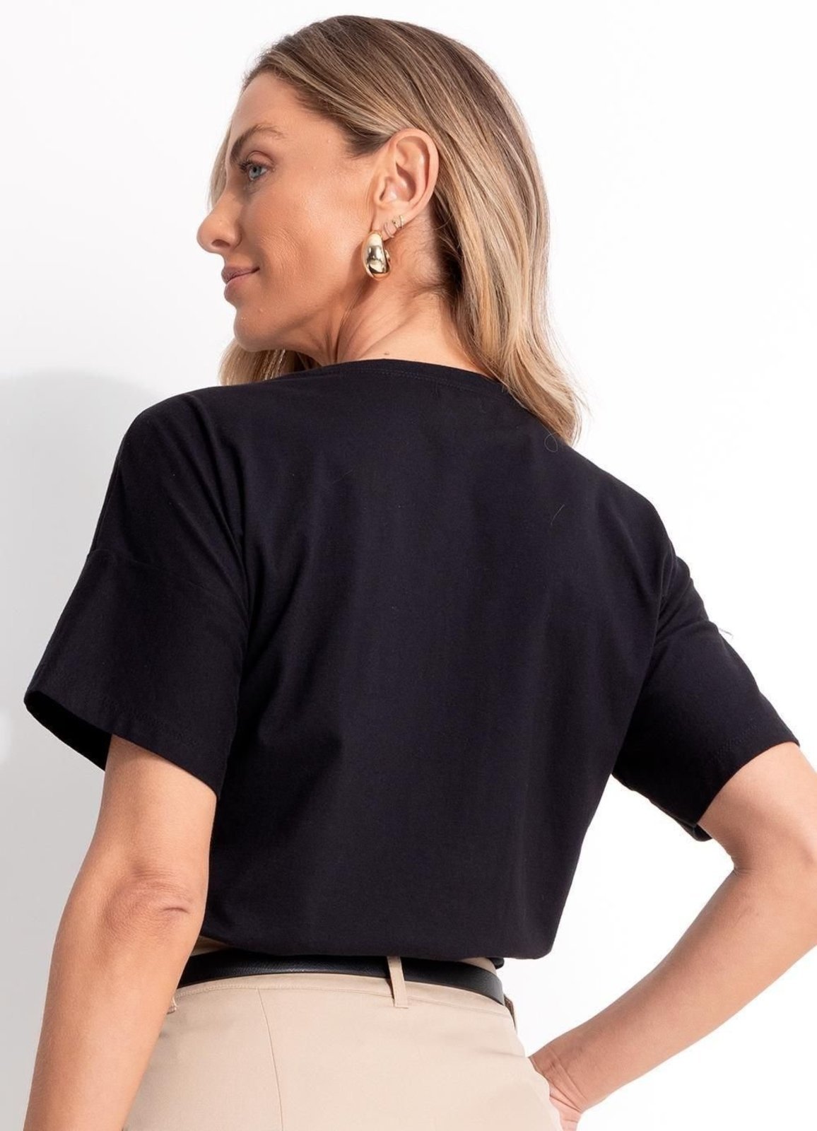 Vista 3 Blusa Em Malha De Algodão Penteado Preta Quintess preto Quintess preto