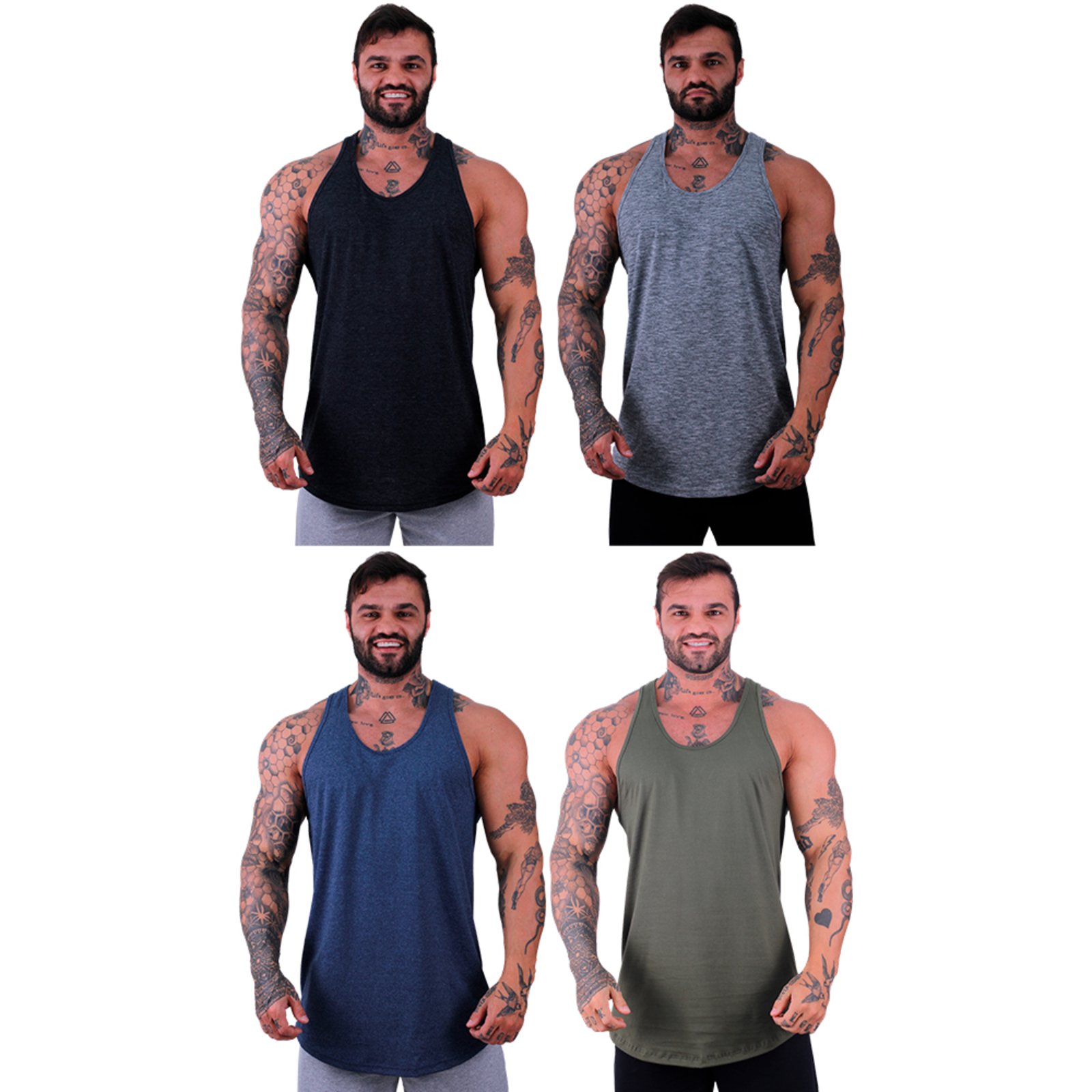 Kit 4 Regatas Longline Cavada Masculina Alto Conceito Sem Estampas Lisas Preto, Nublado, Mescla Marinho e Verde Militar