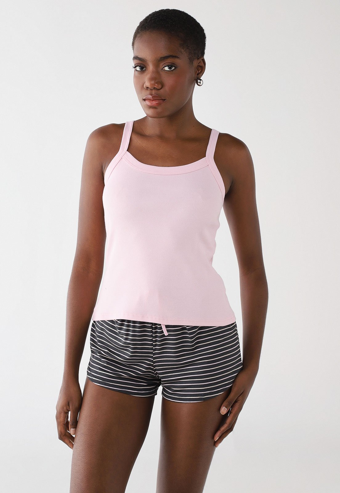 Pijama Curto Feminino Malwee Regata Rosa Claro e Short Listrado Preto