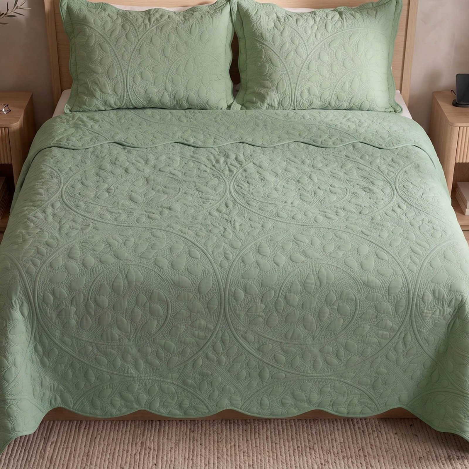 Kit Cobre Leito Vintage Queen Percal 300 Fios Colcha Matelassê Floral Alto Relevo 3 Peças Verde Oliva