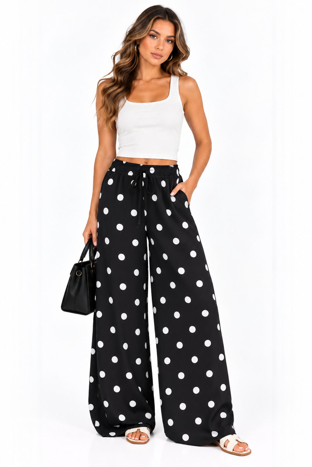 Calça Pantalona D Bell Outlet Fashion Poá Viscose Preto
