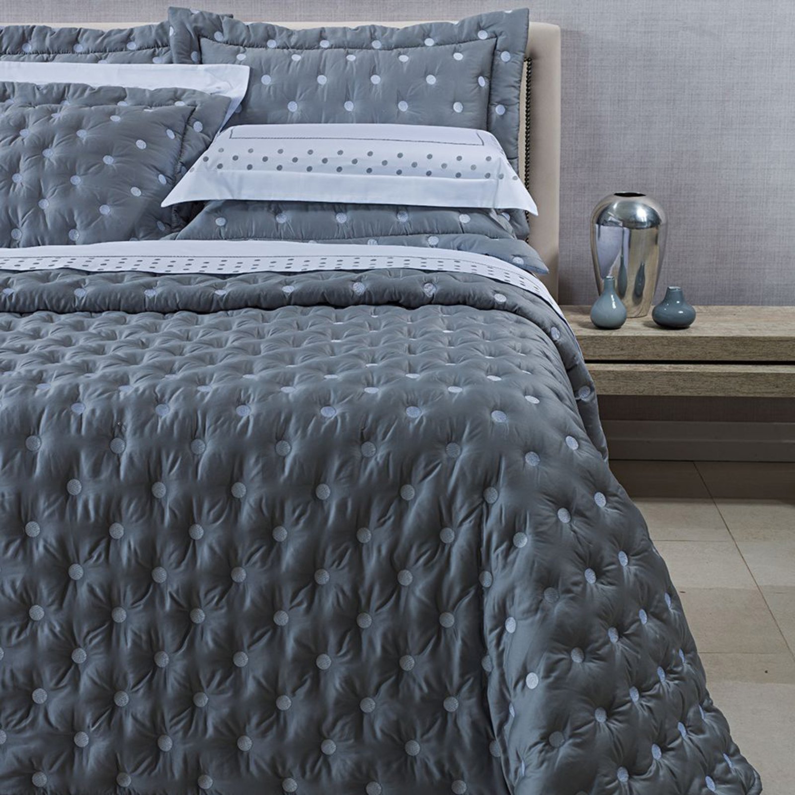 Kit Cobre Leito Colcha Casa Scarpa Garland Queen Algodão 400 Fios Acetinado Bordado 5 Peças - Cinza Escuro