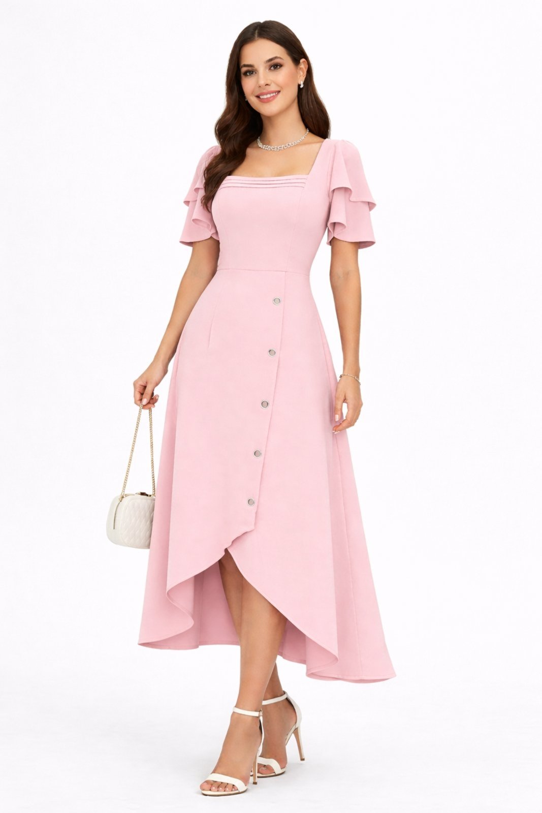 Vestido Midi D Bell Outlet Fashion Manga Babado Rosa