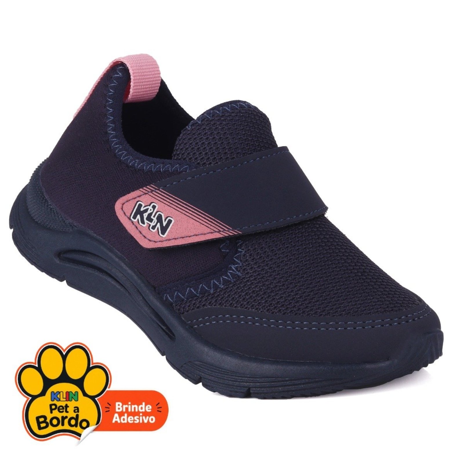 Infantil - Tênis Feminino Escolar Klin Slip-On Calce Fácil Leve e Respirável - Marinho e Rosa
