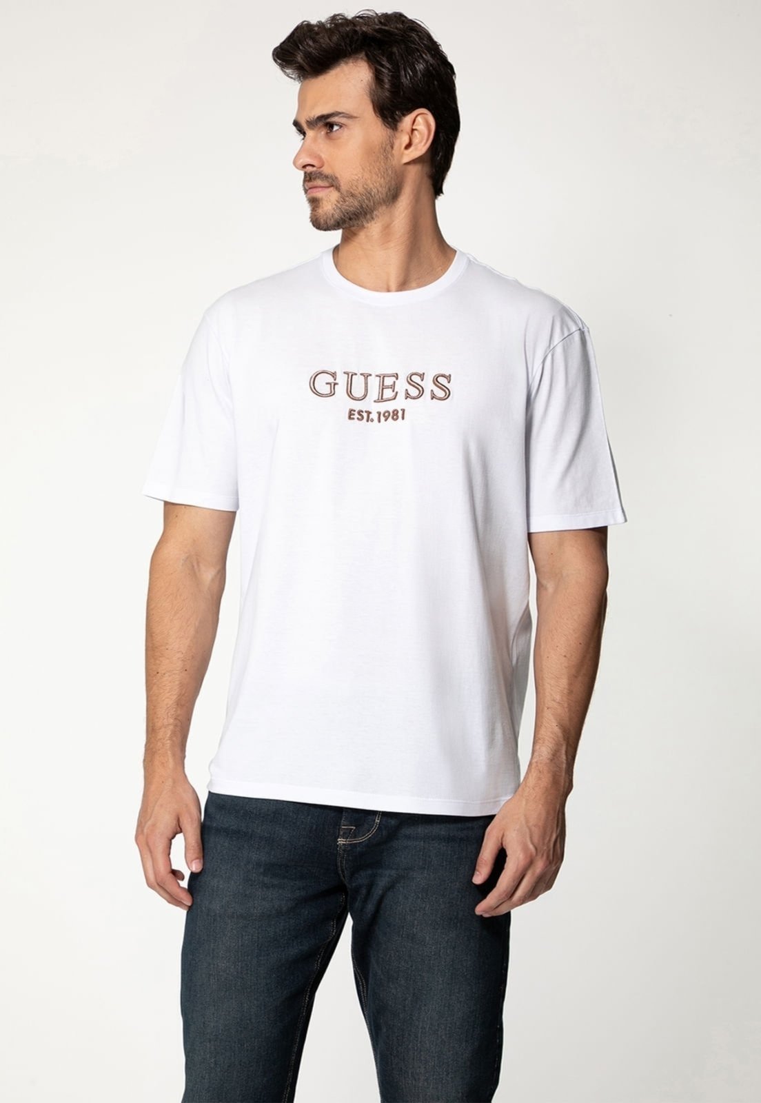 Camiseta Guess Bordado Bicolor Branco