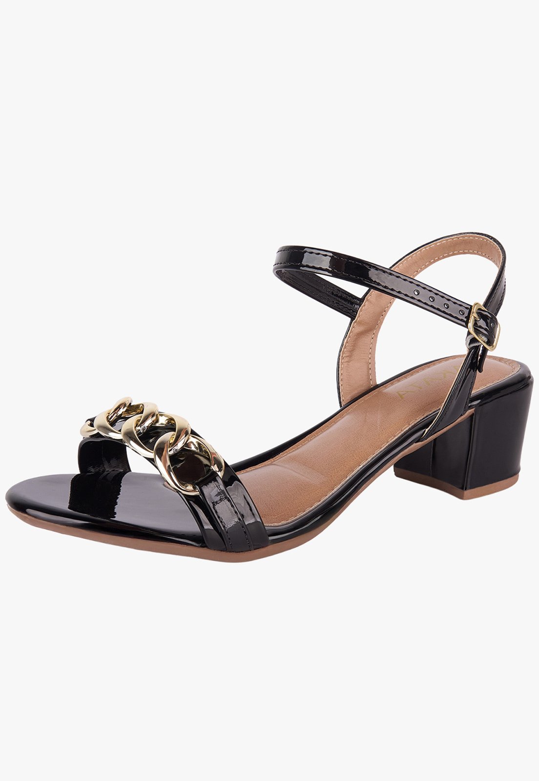 Sandália Salto Bloco Baixo Grosso Corrente Metal Takata Preto