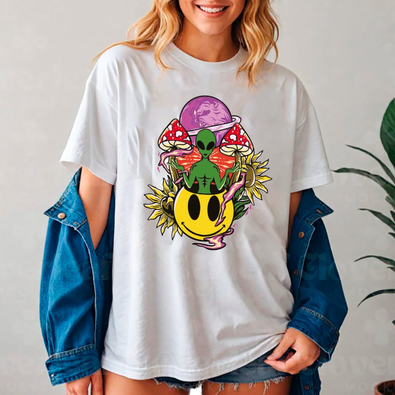 Vista 2 Camiseta Ousy Alien Psicodélico Oversized Unissex branco ousy branco