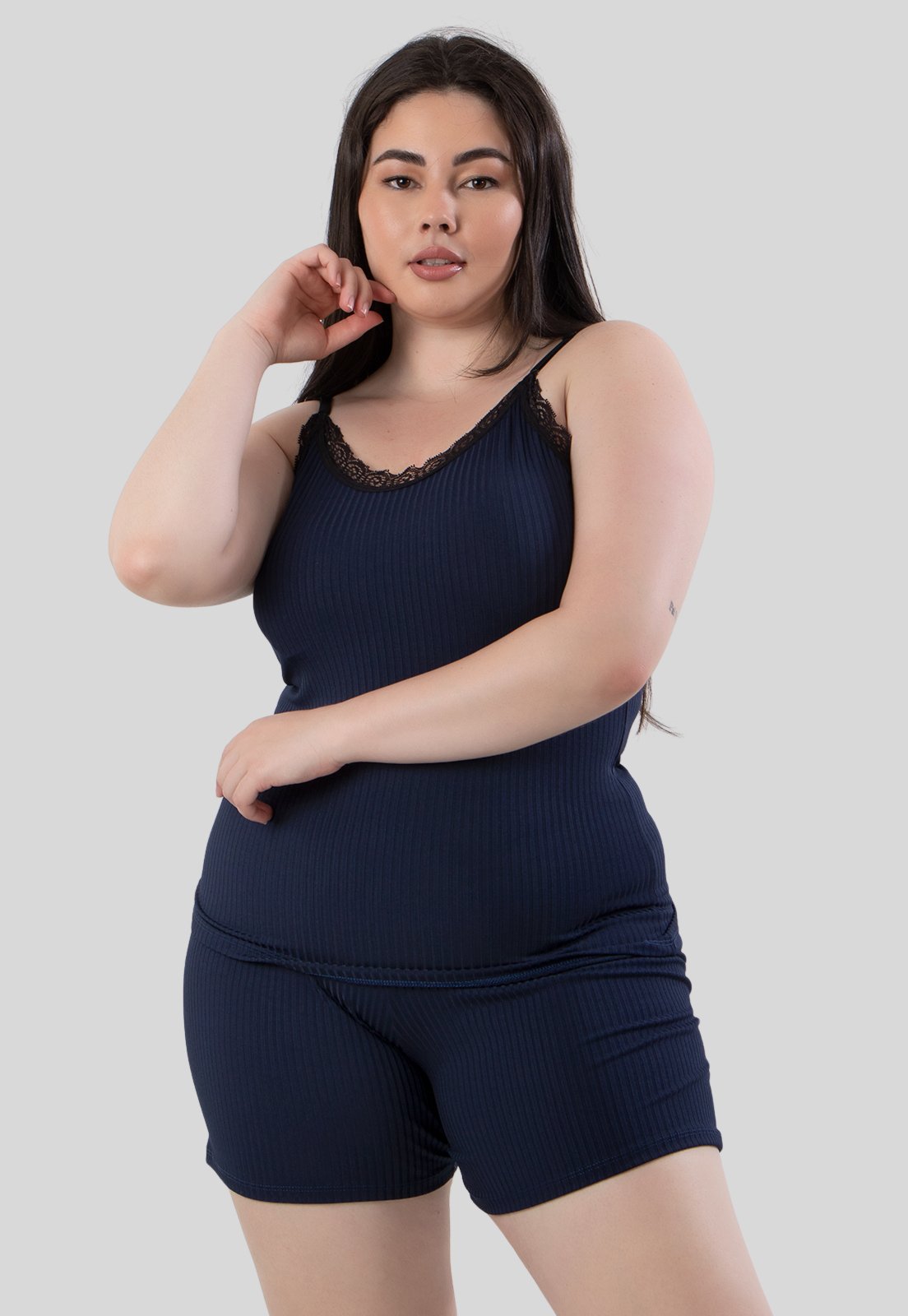 Baby Doll Plus Size Diluxo Canelado Ribana Detalhe em Renda Azul Marinho